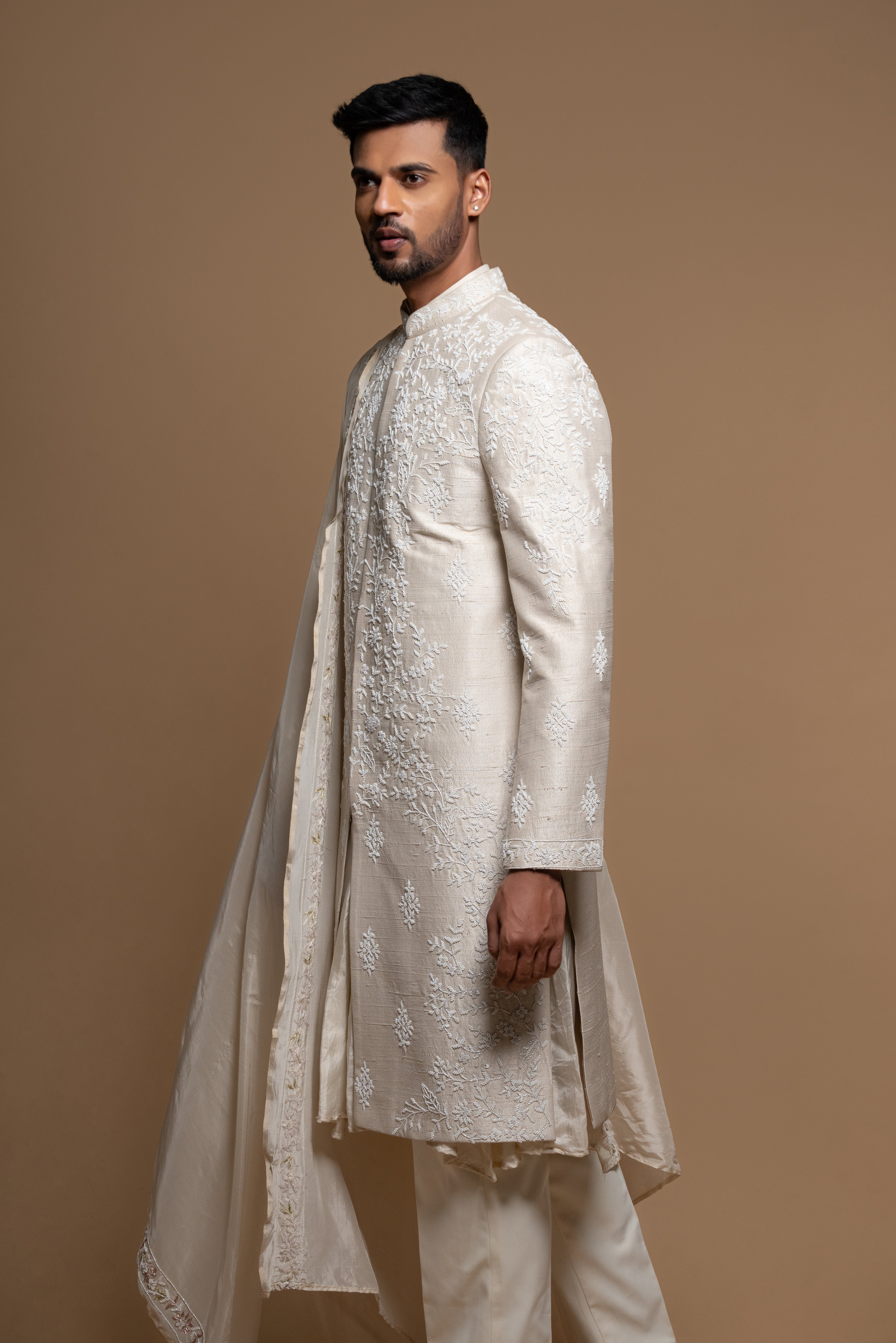 Cream Raw Silk Groom Sherwani with Pant