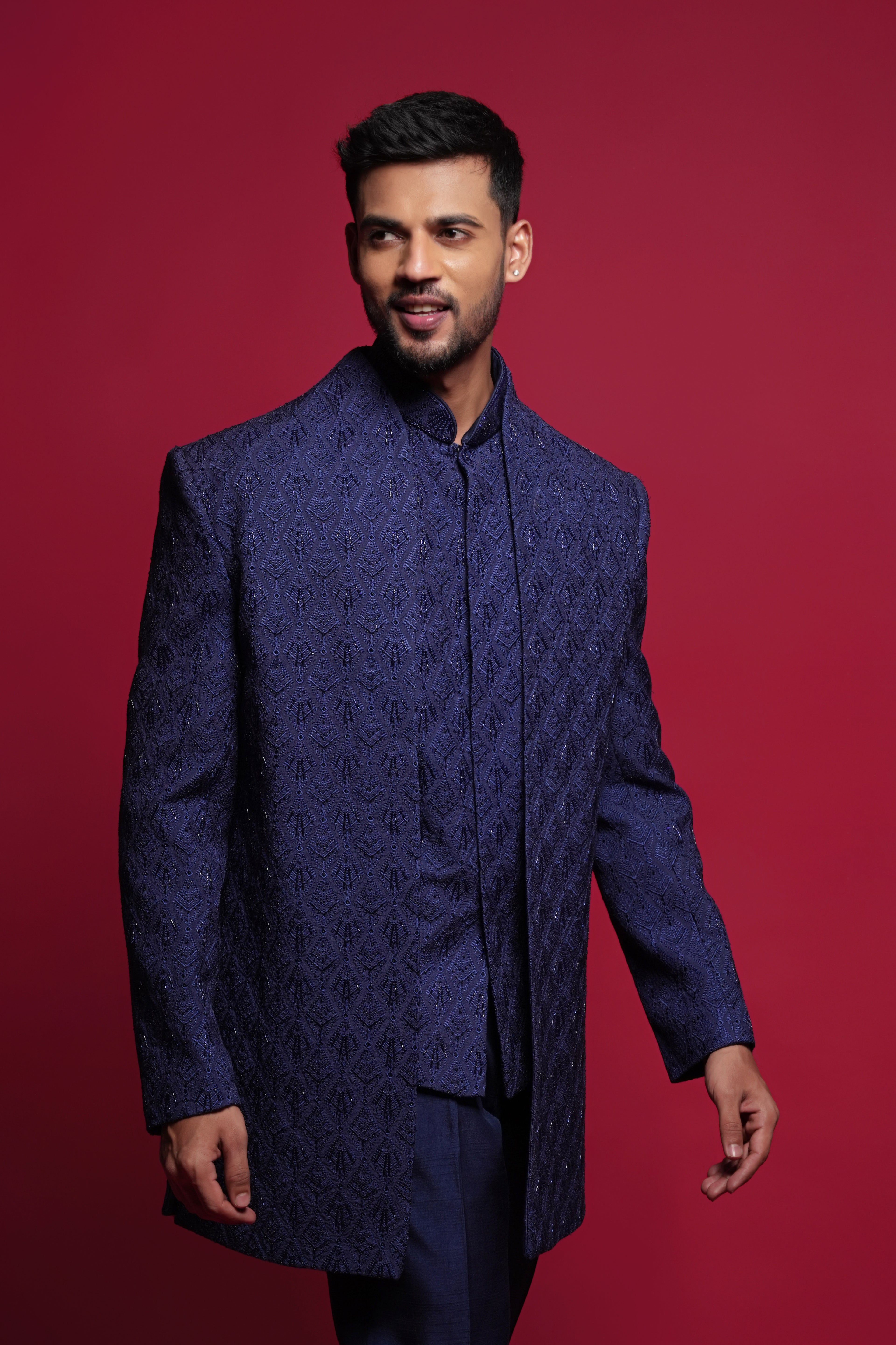 Blue Silk Thread & Stone Embroidered Indo Western