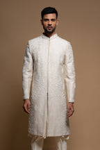 Cream Raw Silk Groom Sherwani with Pant