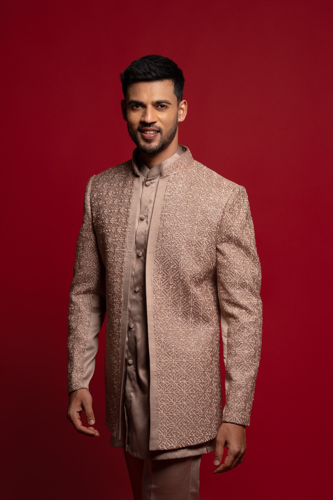 Copper Brown Silk Thread Embroidered Indo Western Set