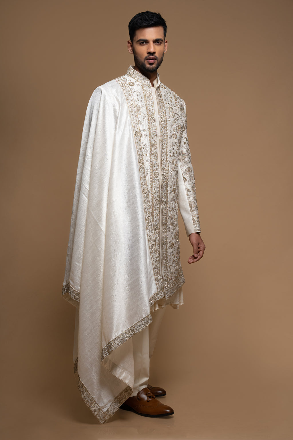 Off White Silk Full Zardosi Embroidered Sherwani