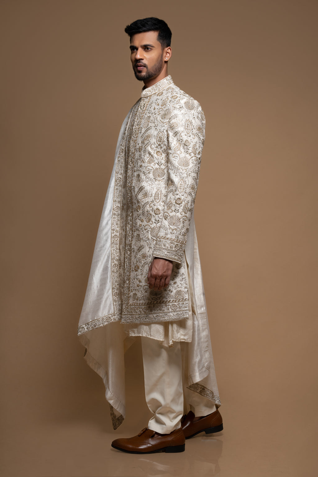 Off White Silk Full Zardosi Embroidered Sherwani