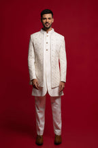 White Silk Embroidered Open Jacket Set