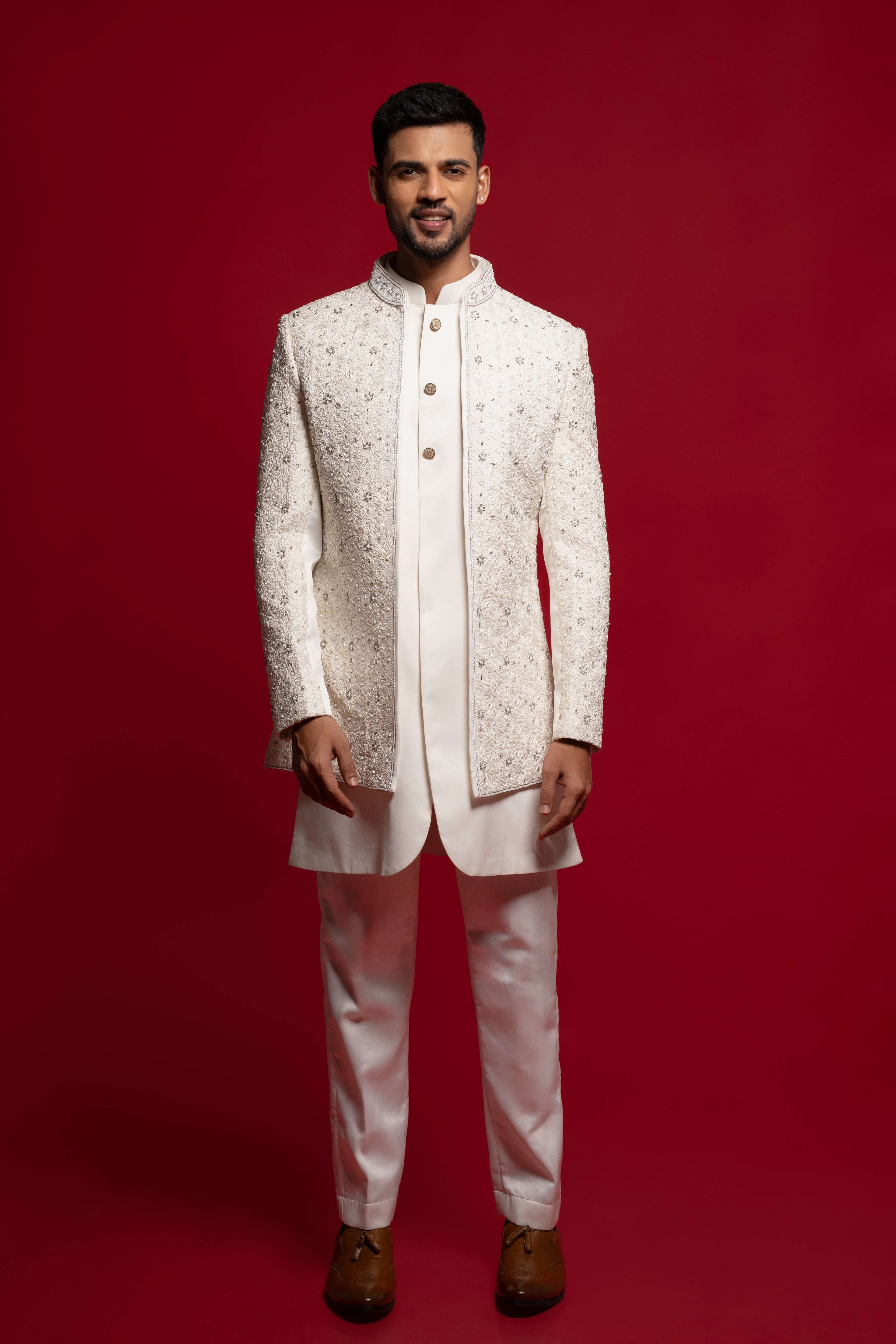 White Silk Embroidered Open Jacket Set