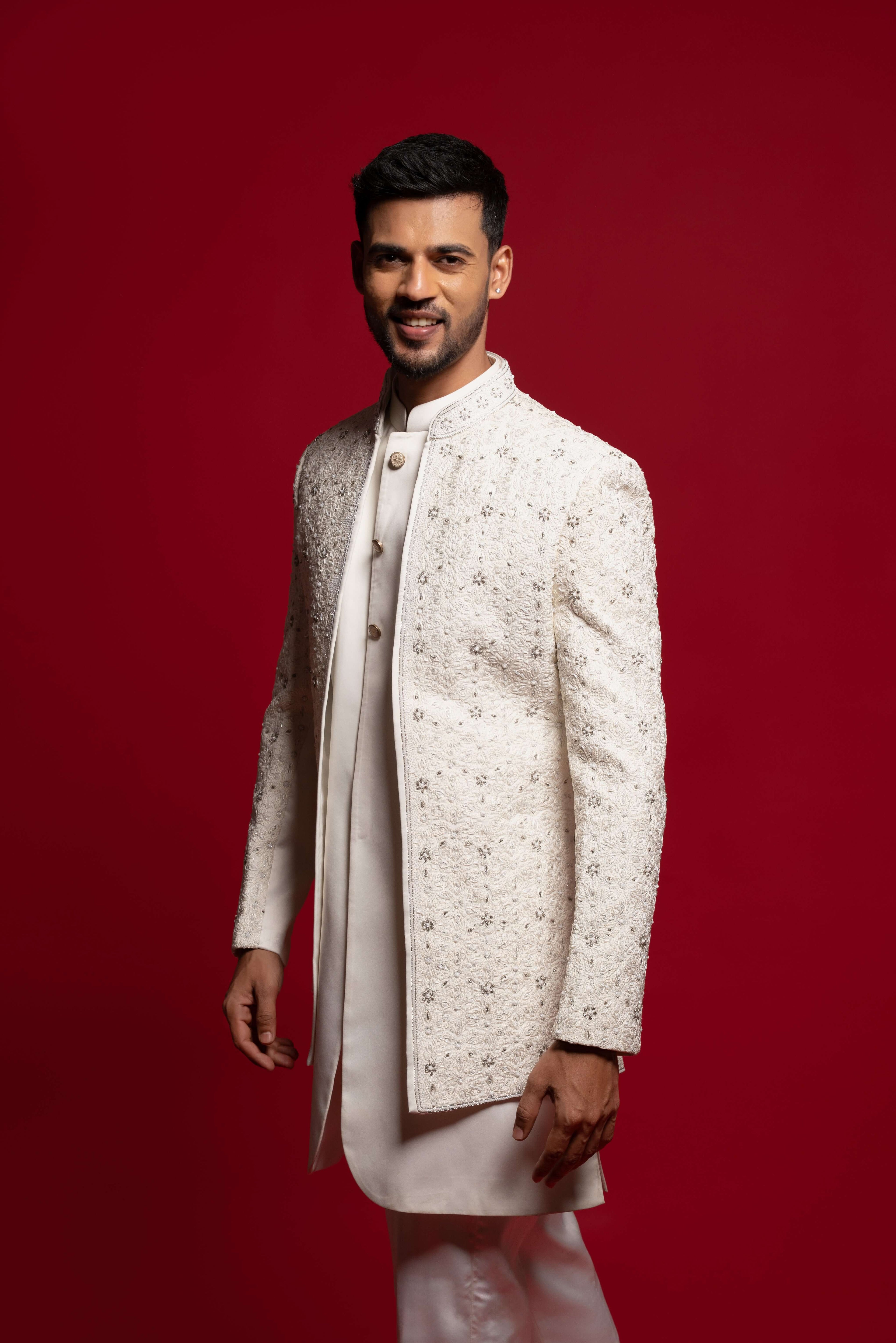 White Silk Embroidered Open Jacket Set