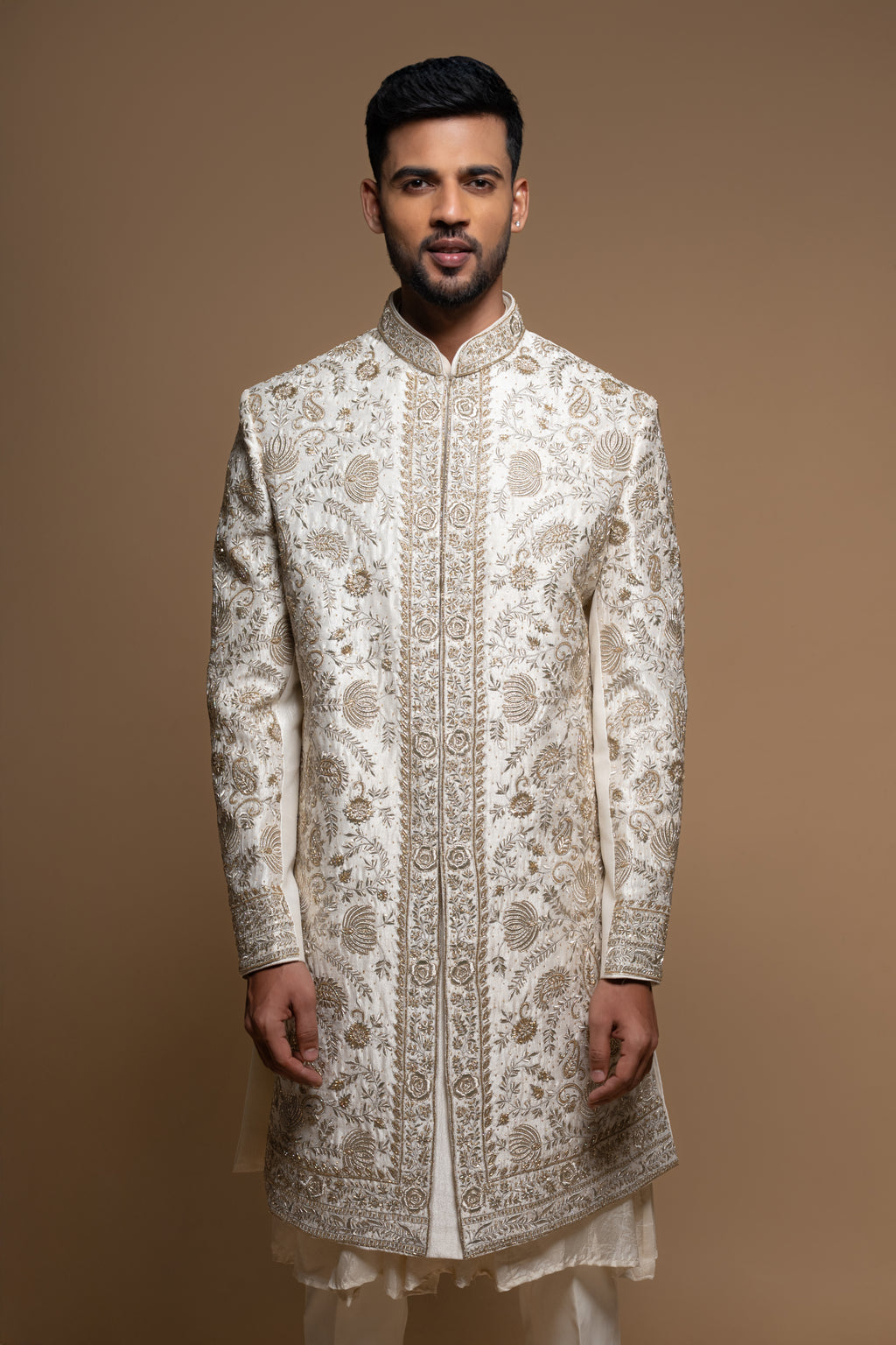 Off White Silk Full Zardosi Embroidered Sherwani