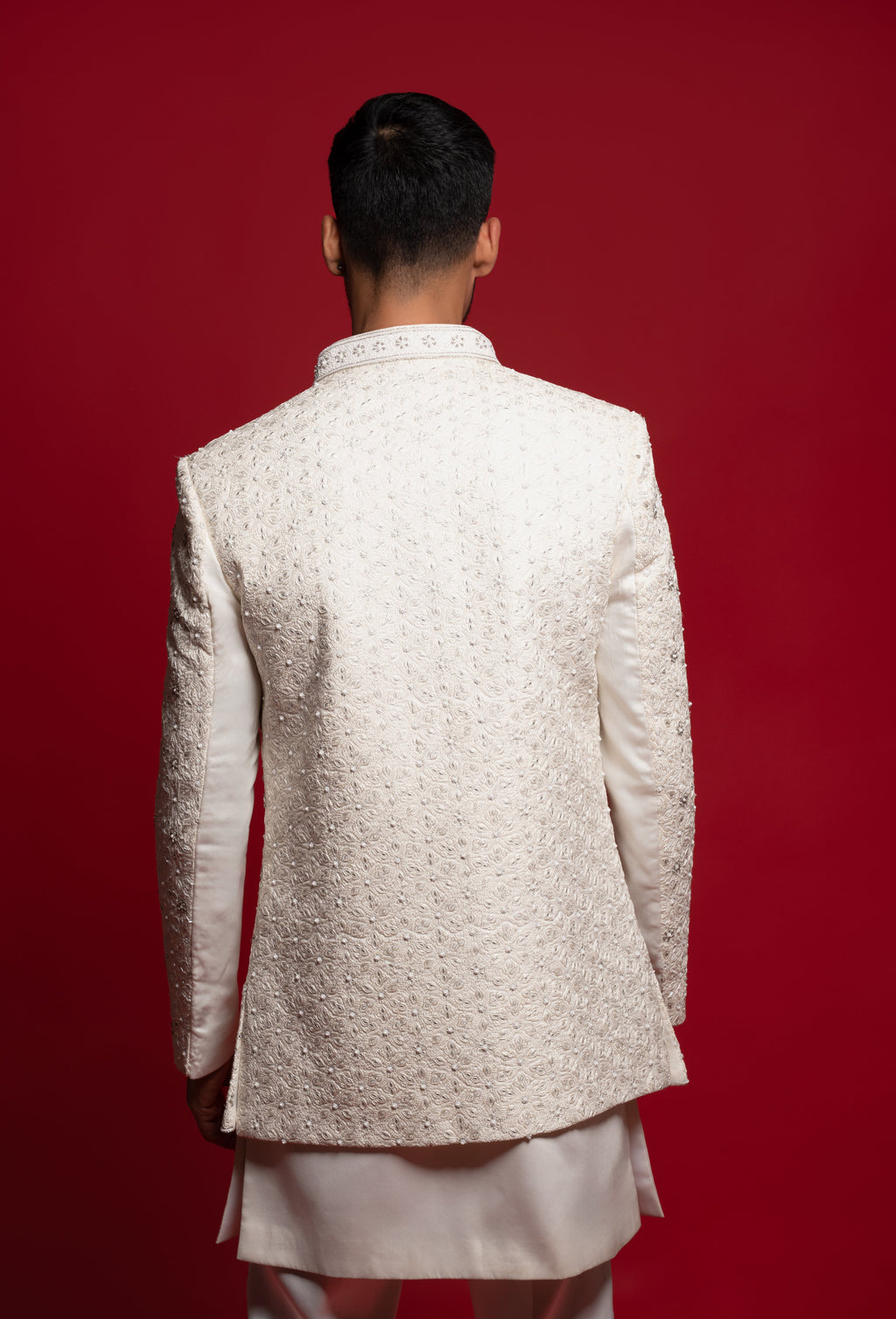 White Silk Embroidered Open Jacket Set