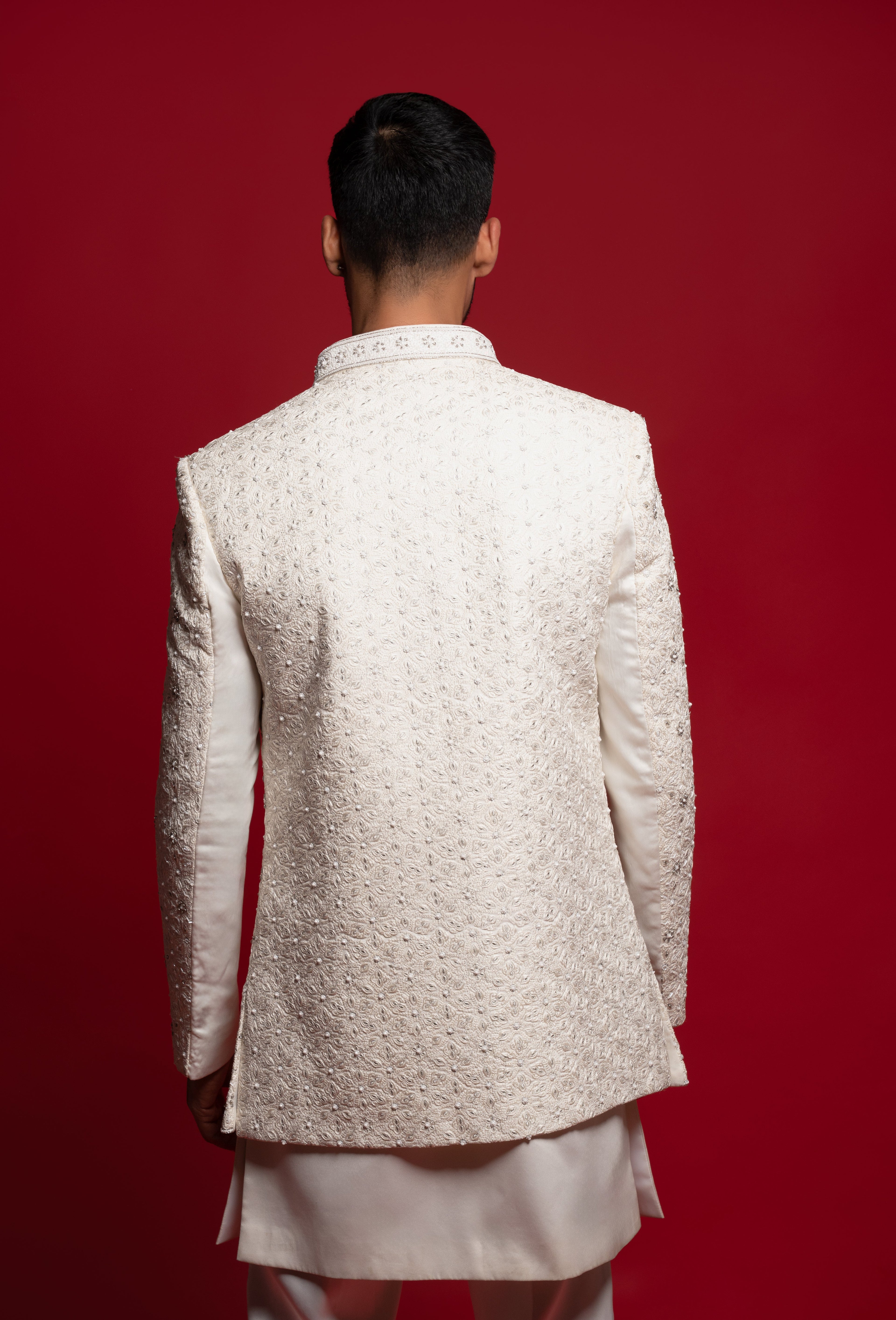 White Silk Embroidered Open Jacket Set