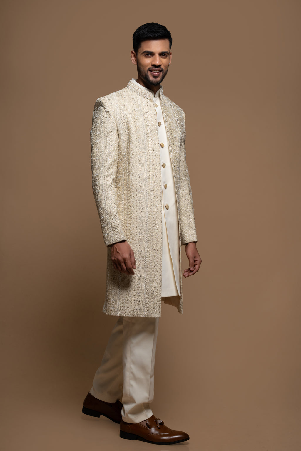Beige Silk Embroidered Indo Western Sherwani Set