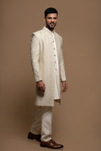 Beige Silk Embroidered Indo Western Sherwani Set