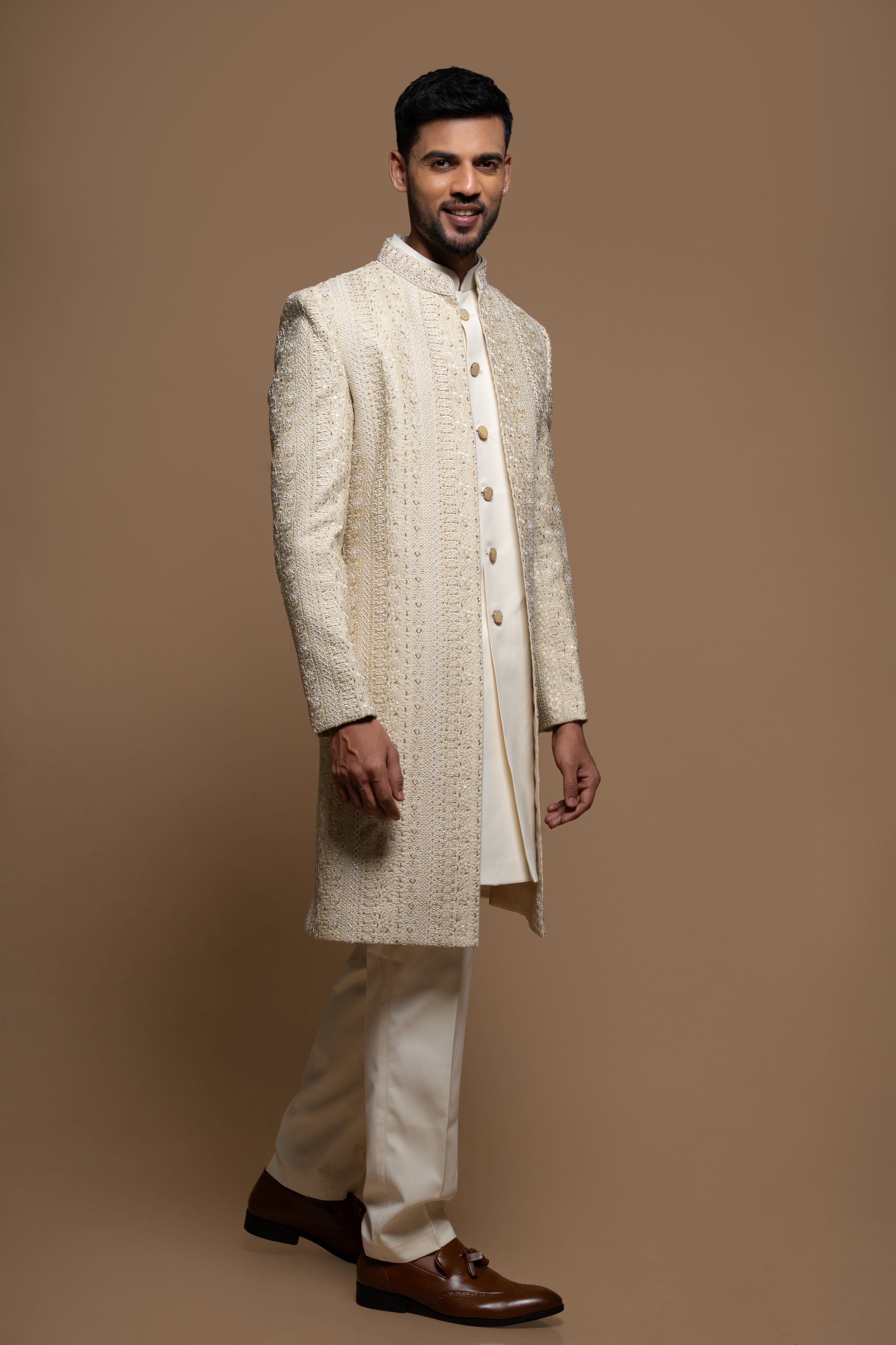 Beige Silk Embroidered Indo Western Sherwani Set