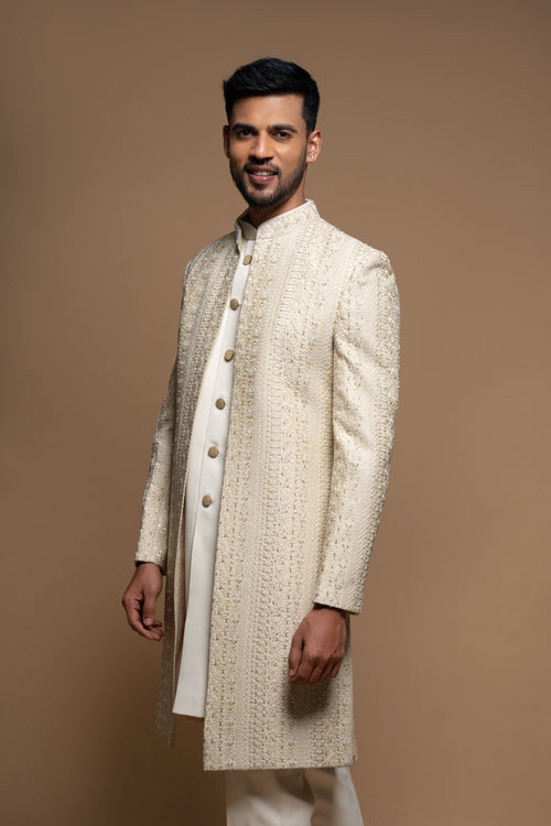 Beige Silk Embroidered Indo Western Sherwani Set
