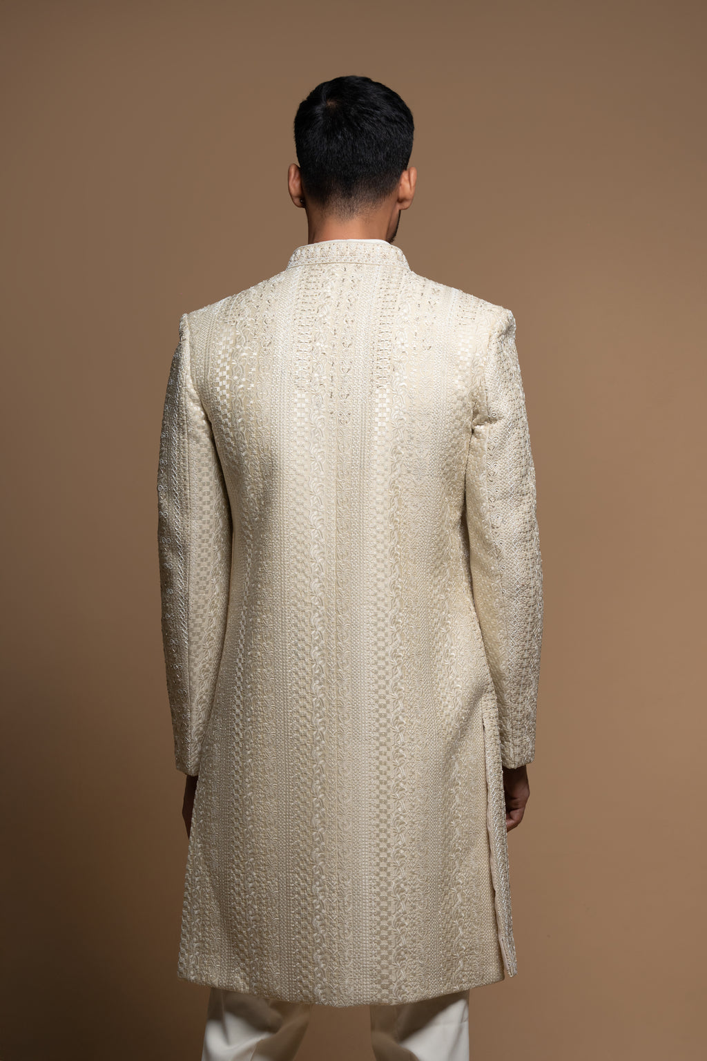 Beige Silk Embroidered Indo Western Sherwani Set