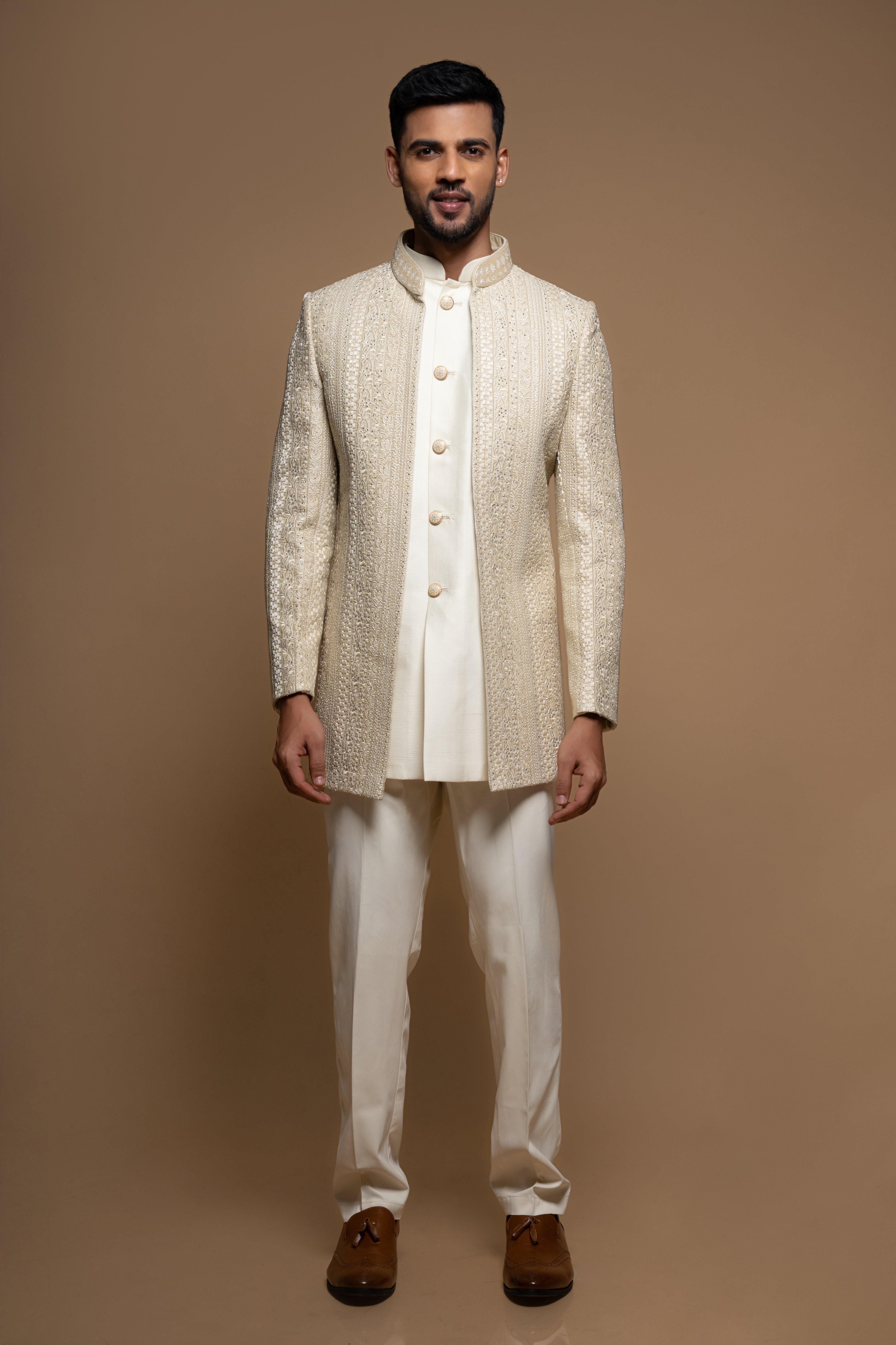 Beige Embroidered Silk Indo Western Set