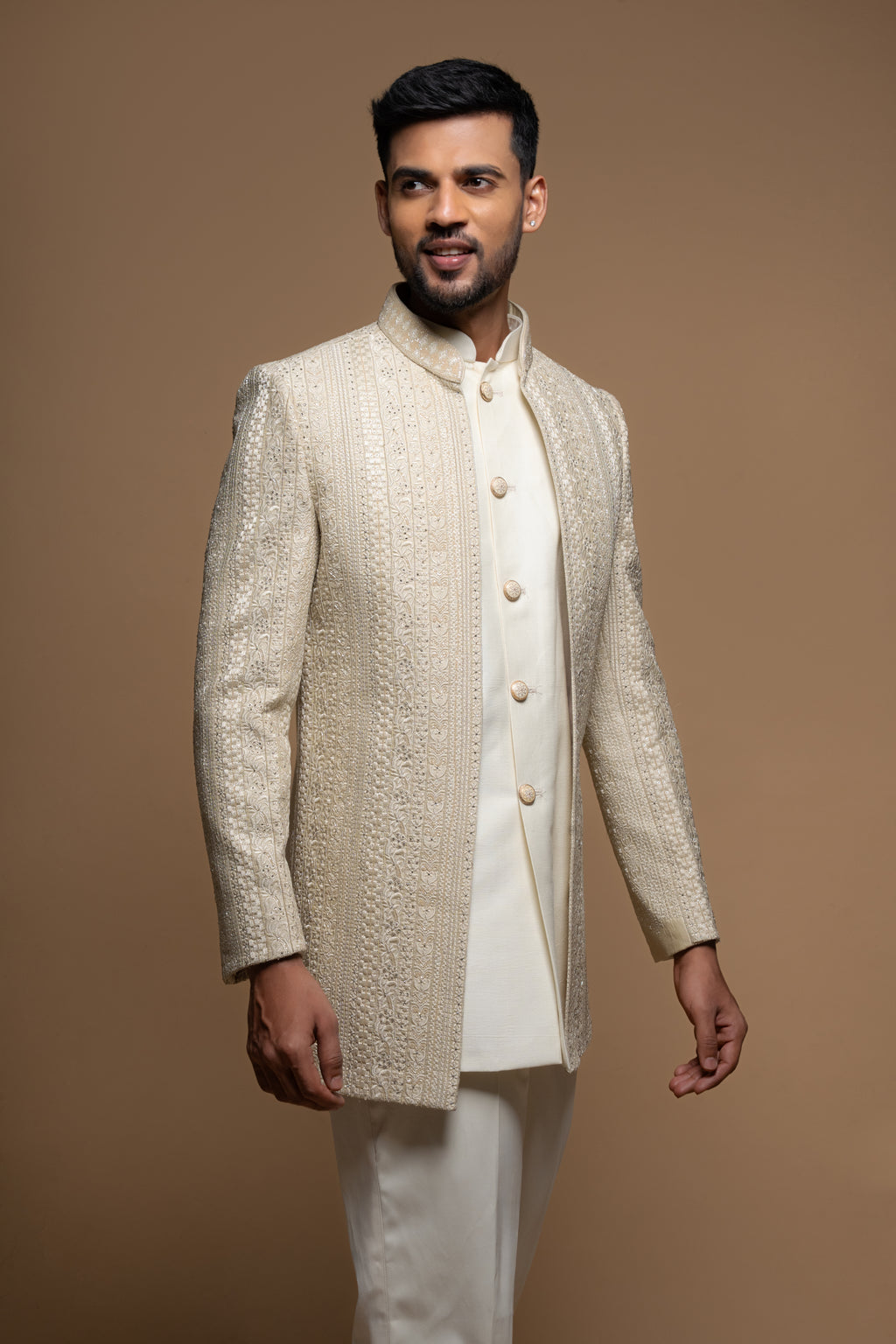 Beige Embroidered Silk Indo Western Set
