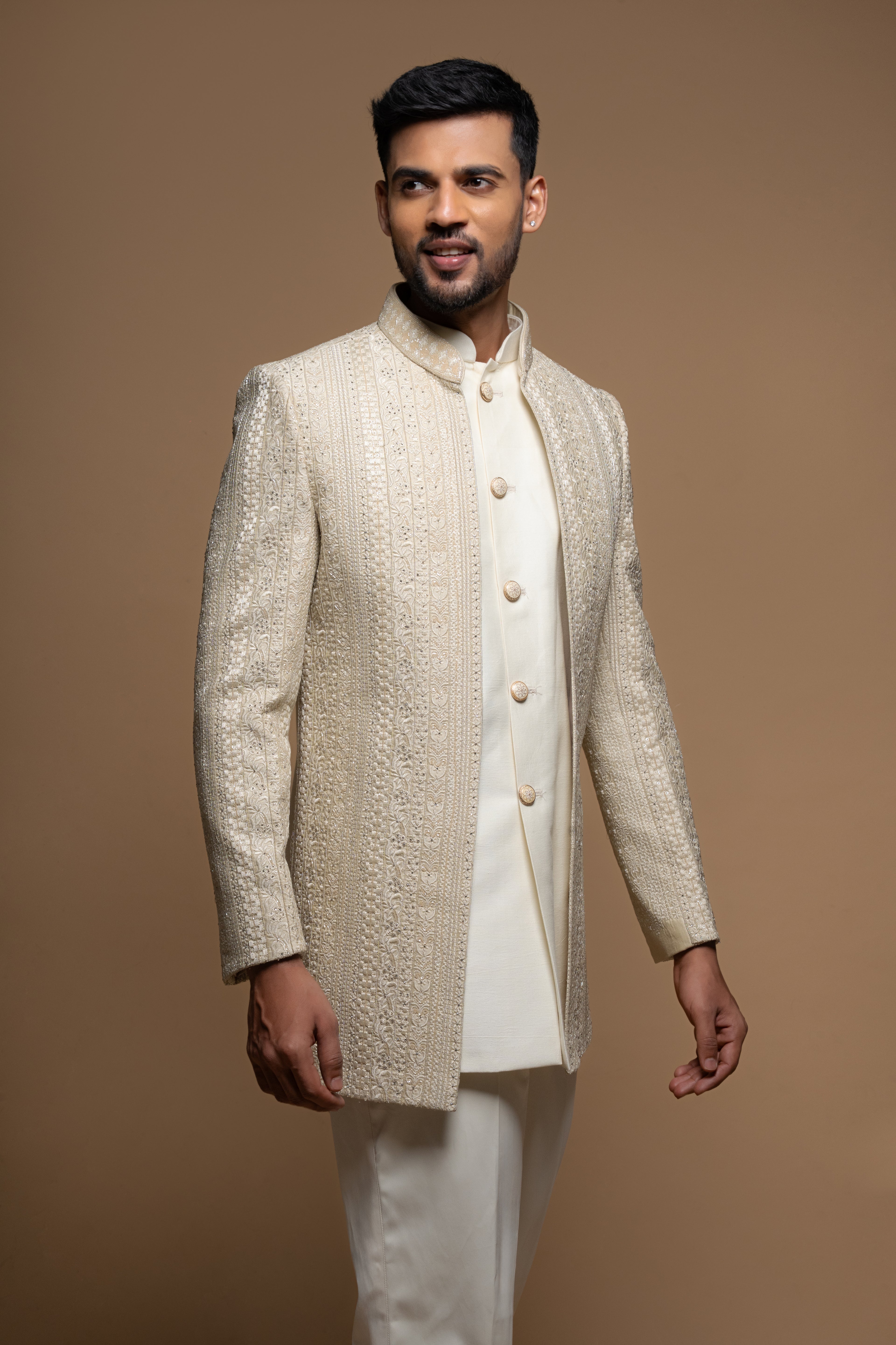 Beige Embroidered Silk Indo Western Set