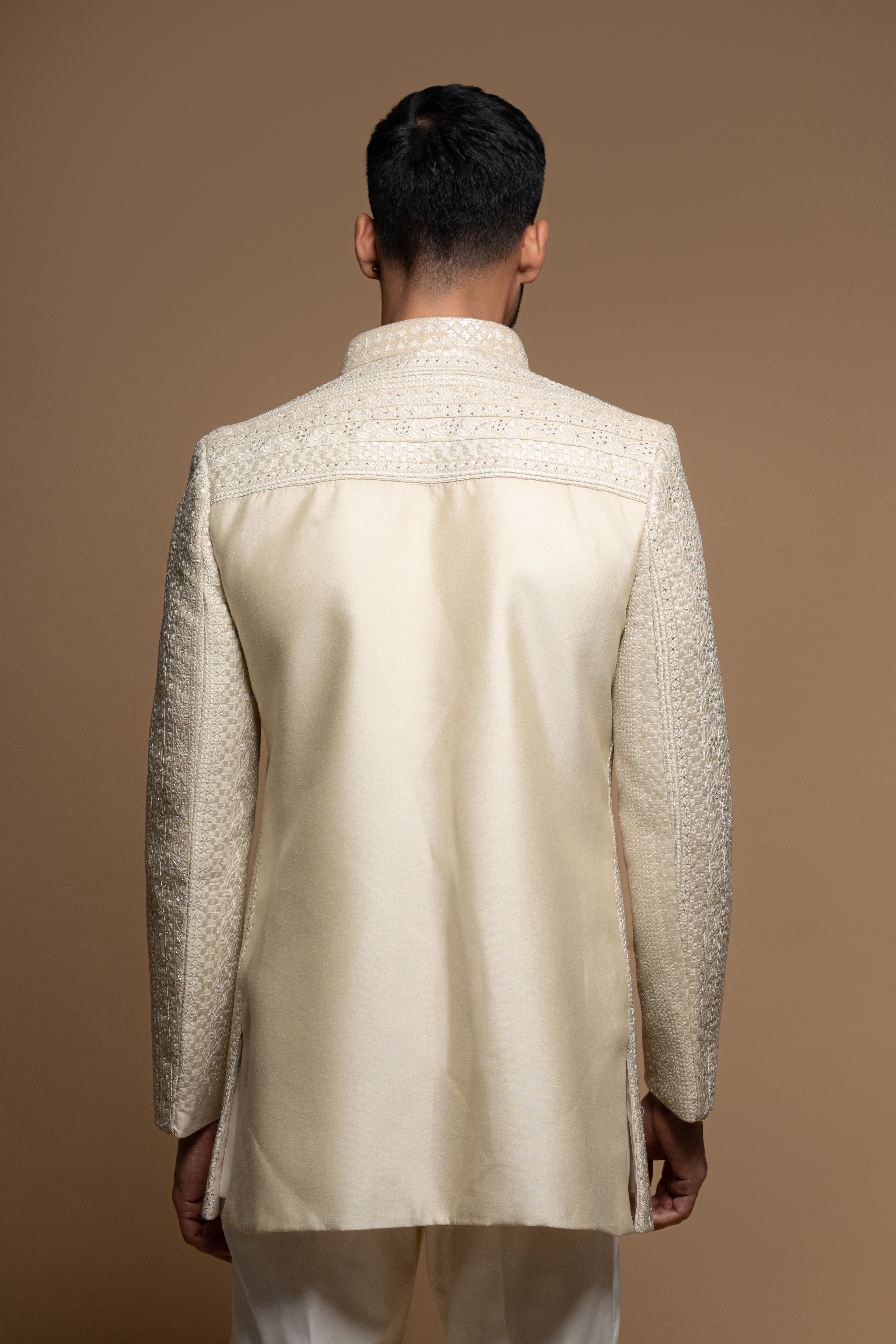 Beige Embroidered Silk Indo Western Set