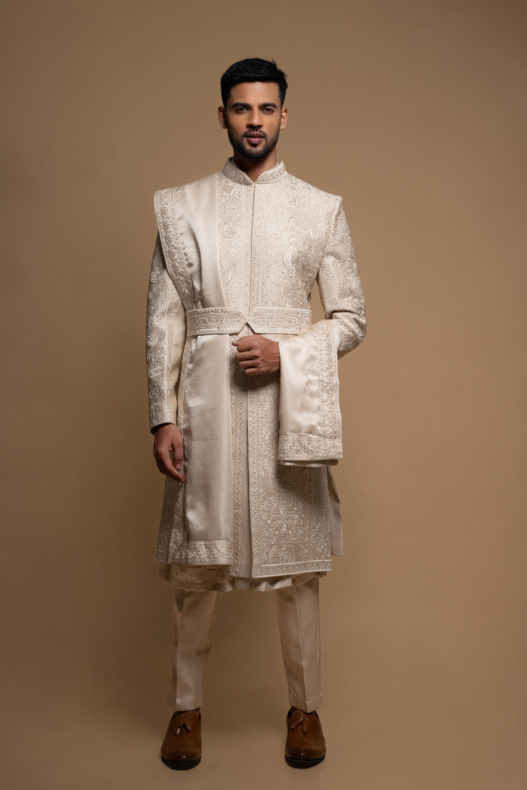 Champagne Silk Thread & Cutdana Embroidered Sherwani