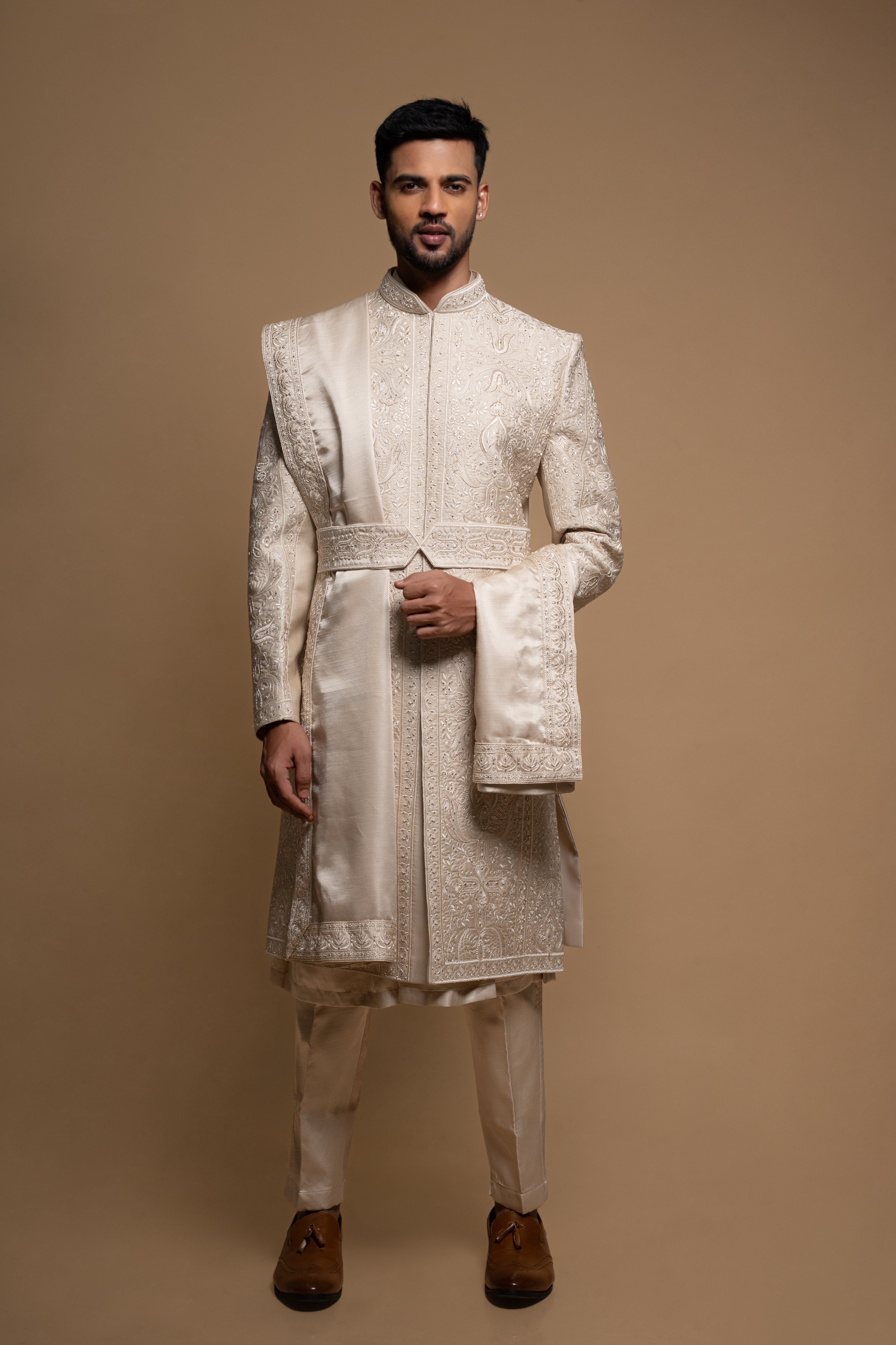 Champagne Silk Thread & Cutdana Embroidered Sherwani