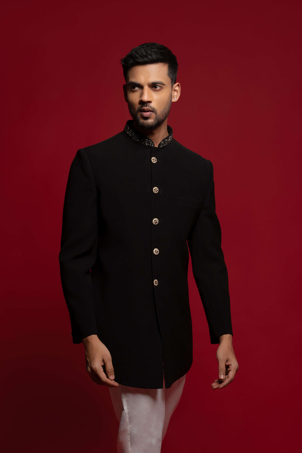 Black Indo Western With Collar Embroidery On Suiting Fabric
