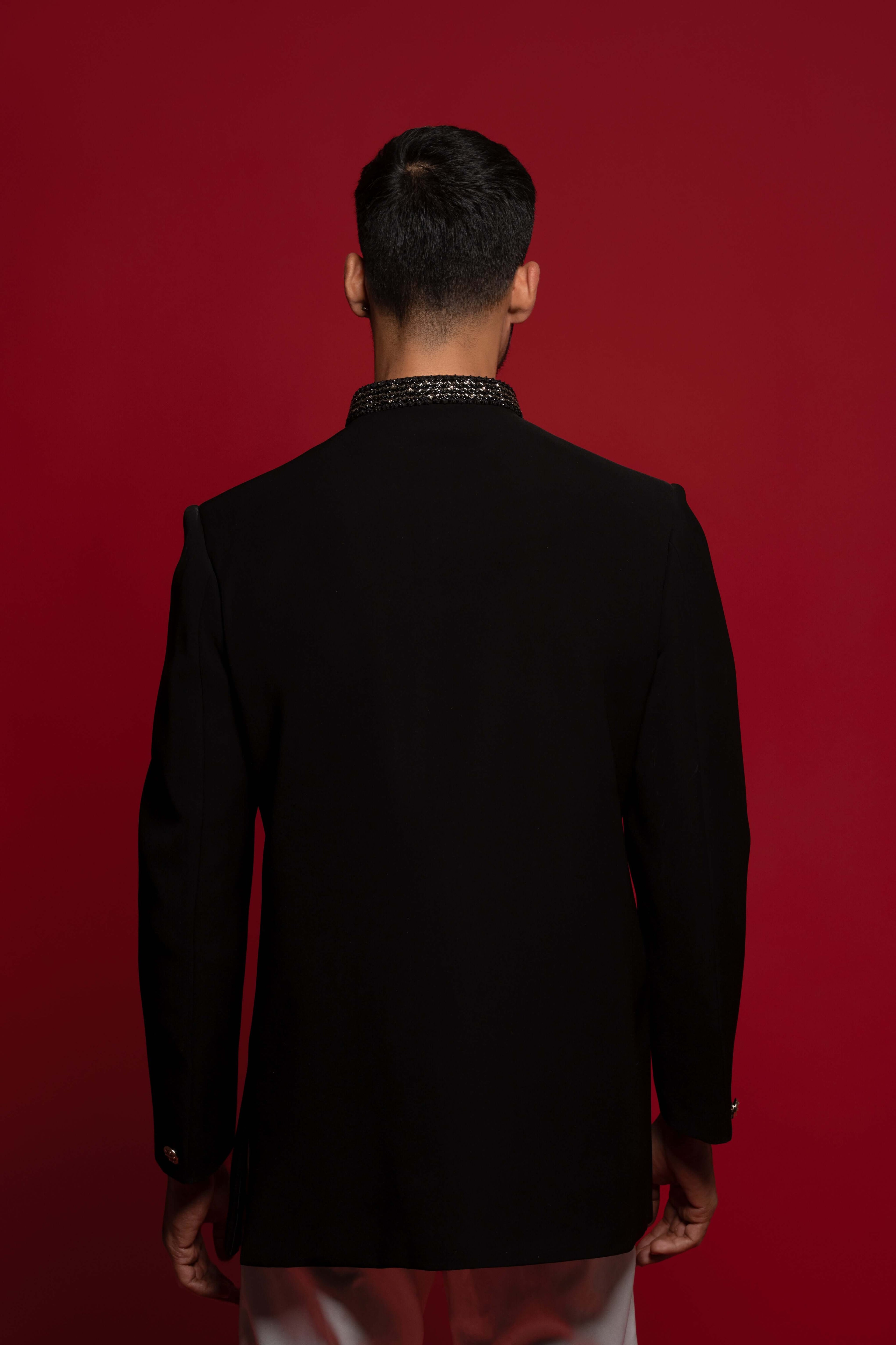 Black Indo Western With Collar Embroidery On Suiting Fabric