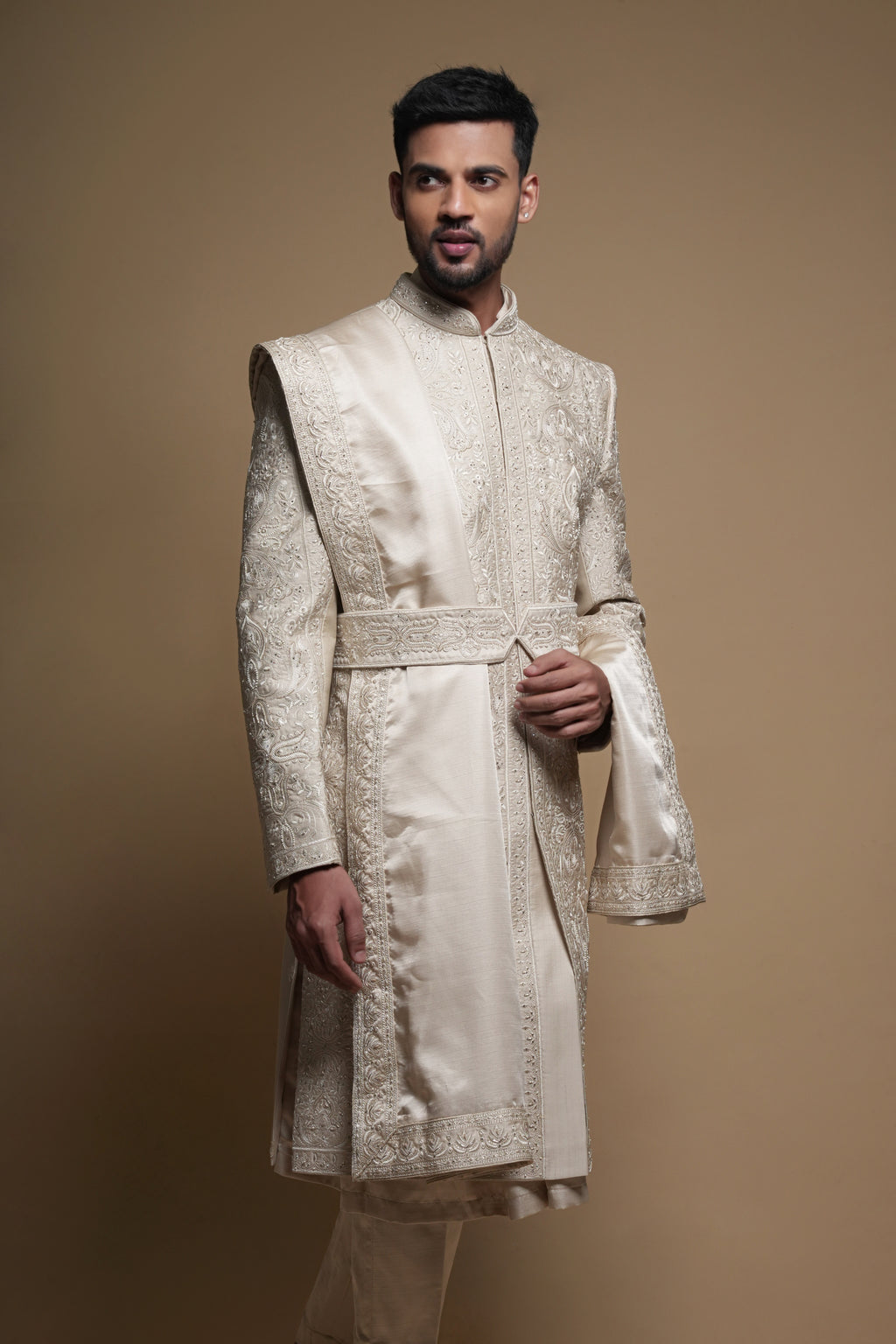 Champagne Silk Thread & Cutdana Embroidered Sherwani