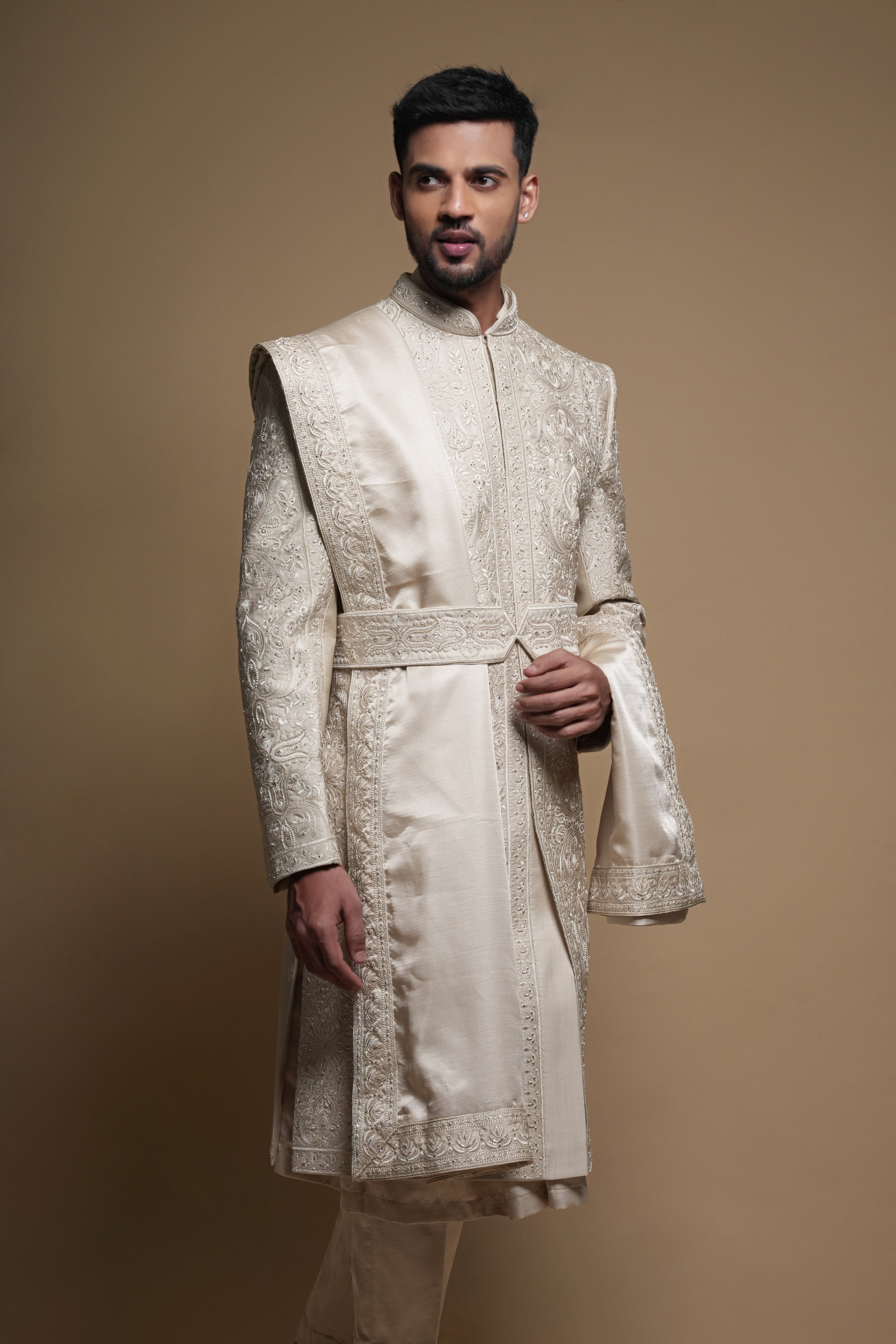 Champagne Silk Thread & Cutdana Embroidered Sherwani