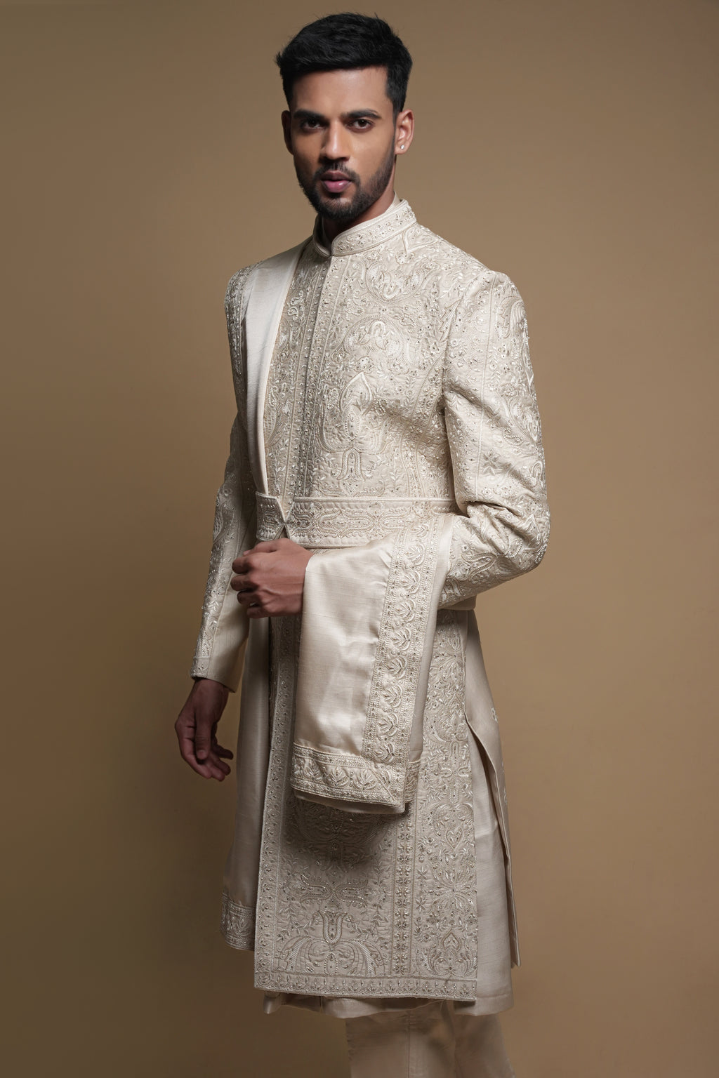 Champagne Silk Thread & Cutdana Embroidered Sherwani