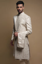 Champagne Silk Thread & Cutdana Embroidered Sherwani