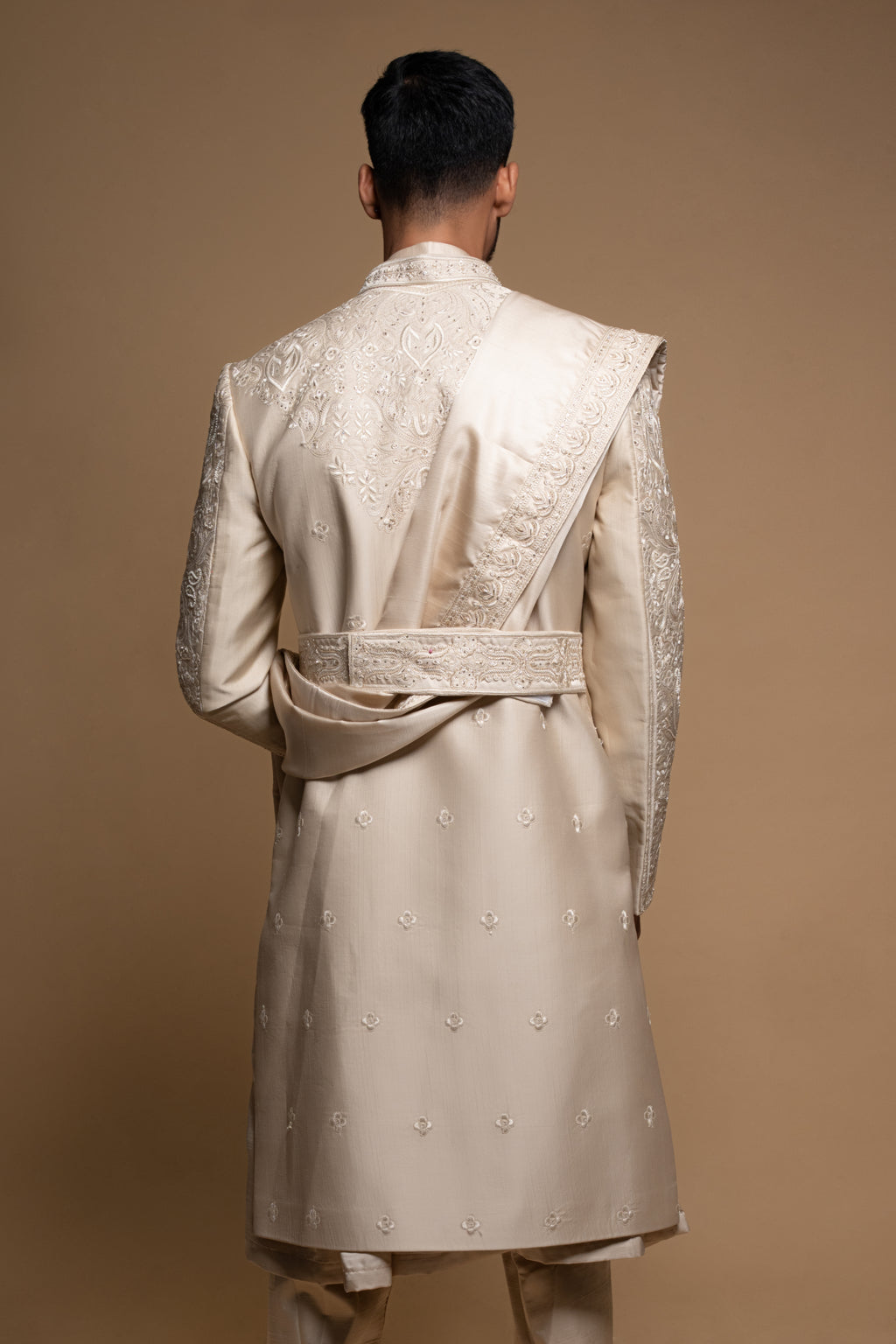 Champagne Silk Thread & Cutdana Embroidered Sherwani