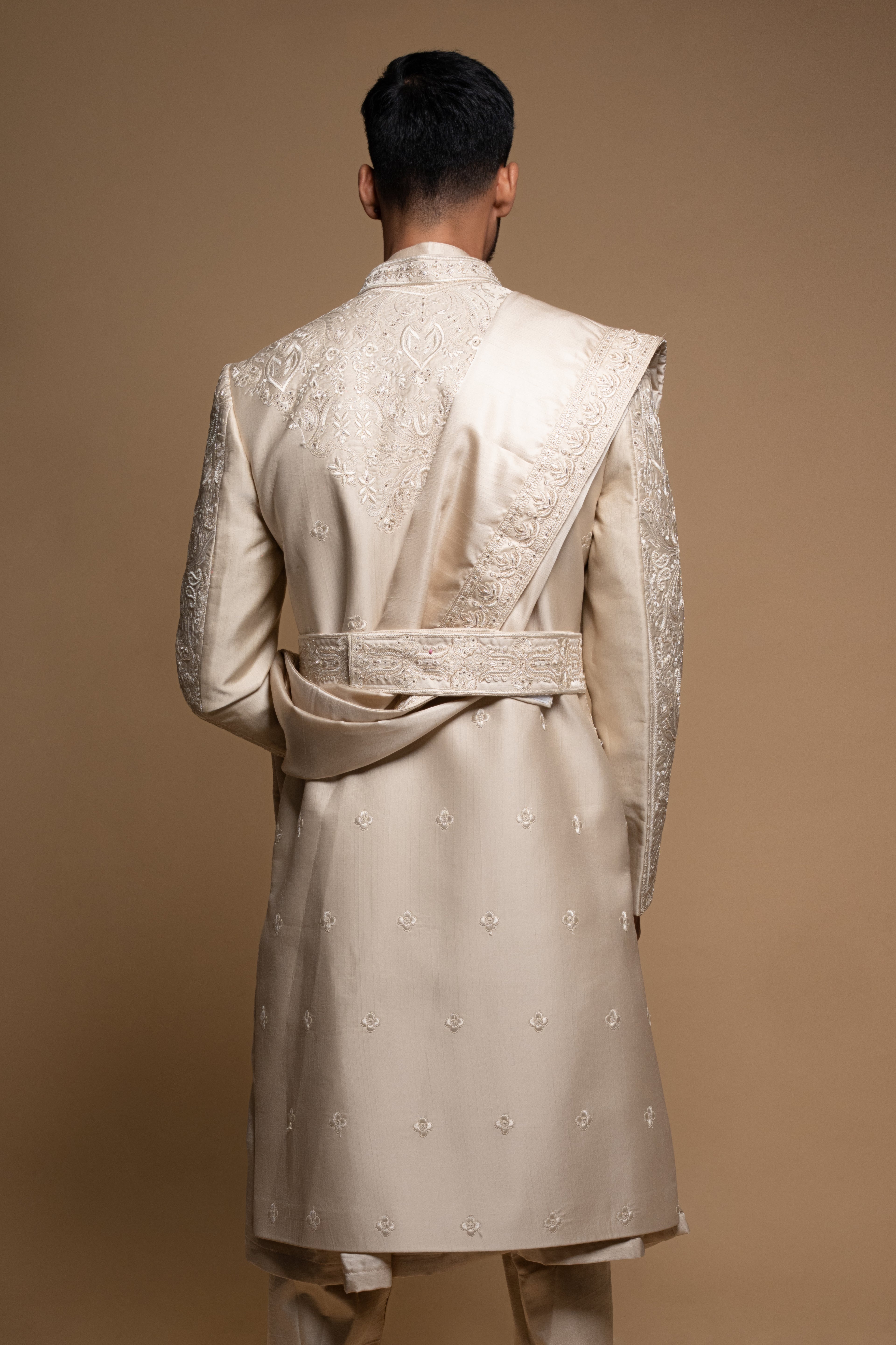 Champagne Silk Thread & Cutdana Embroidered Sherwani