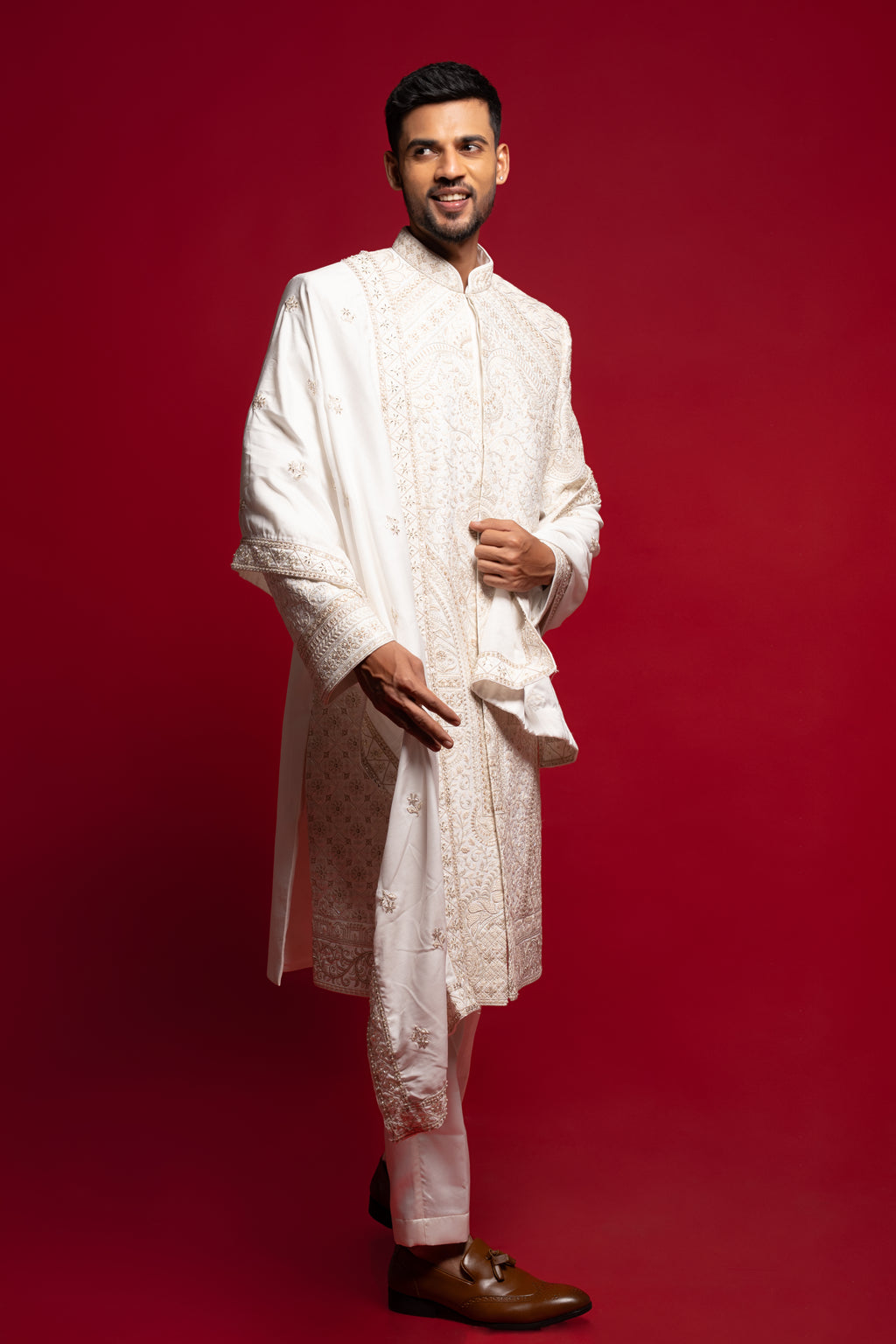 White Silk Opulent Clean-Line Groom Sherwani