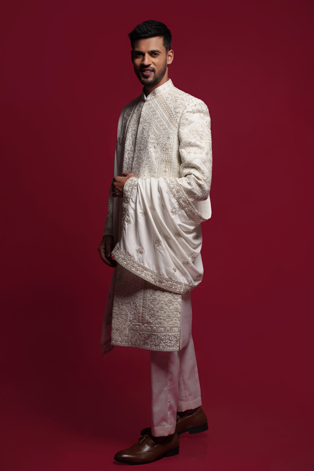 White Silk Opulent Clean-Line Groom Sherwani