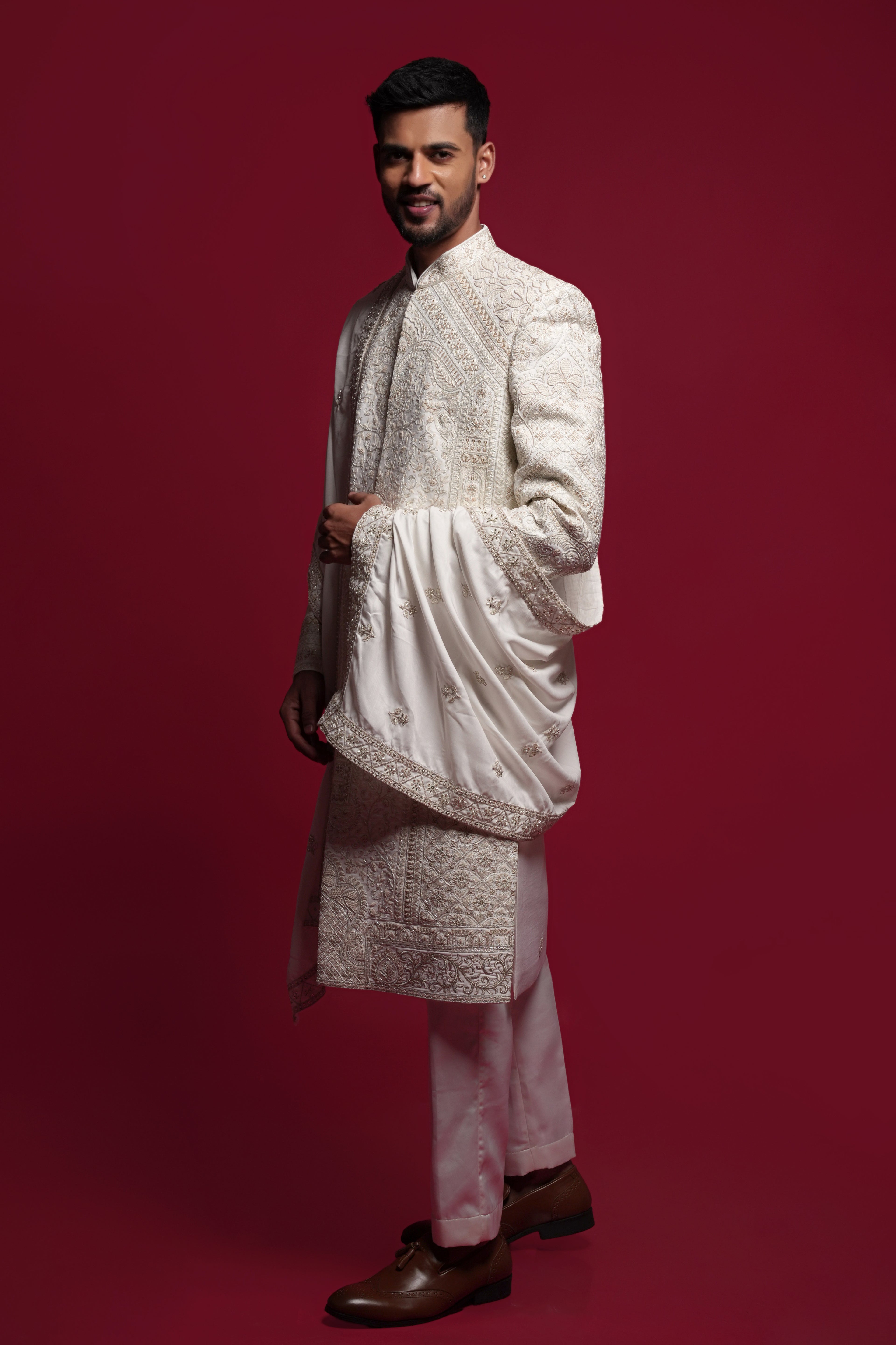 White Silk Opulent Clean-Line Groom Sherwani