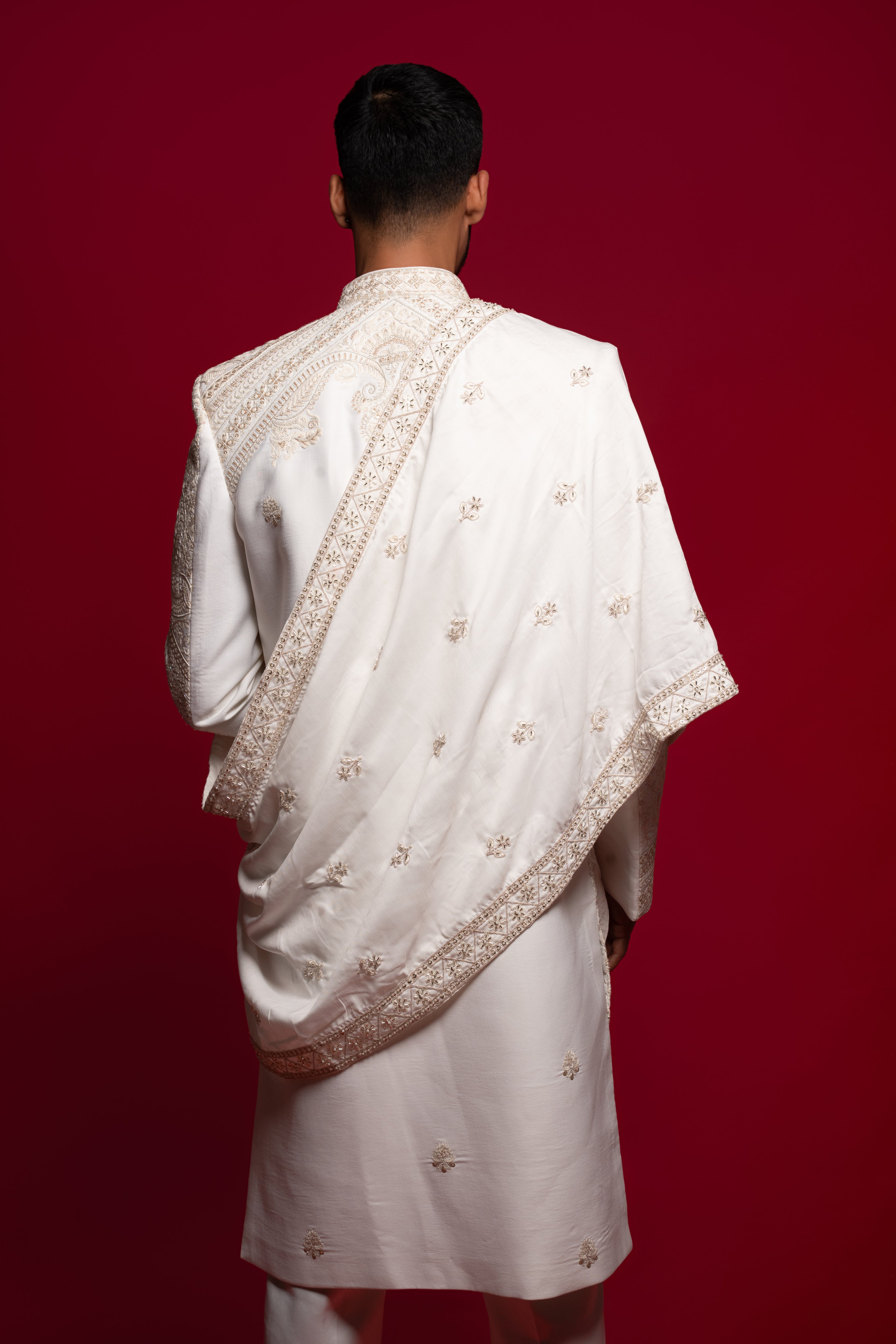 White Silk Opulent Clean-Line Groom Sherwani
