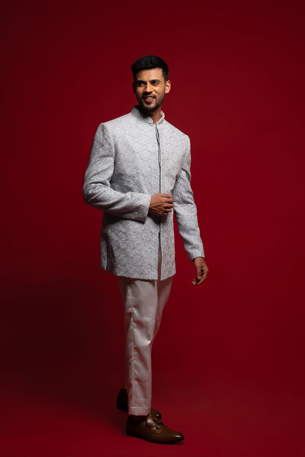 Power Blue Velvet Embroidered Indo Western Set