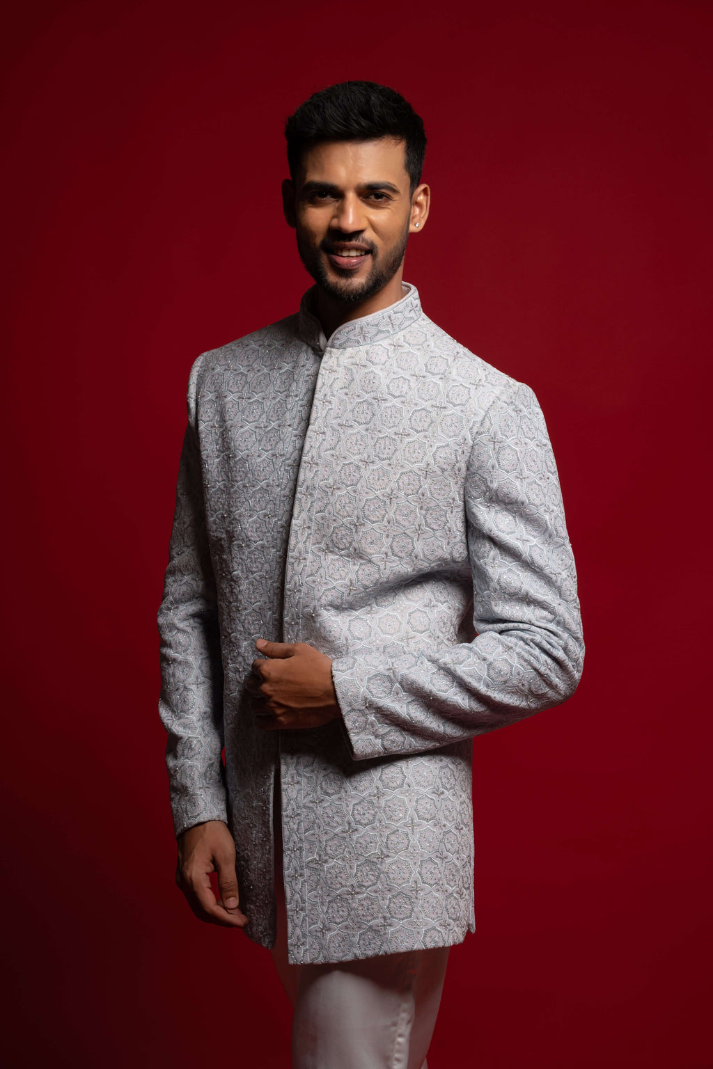 Power Blue Velvet Embroidered Indo Western Set
