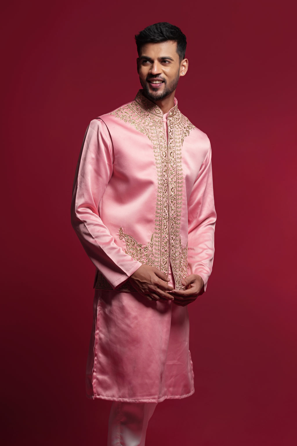 Onion Pink Satin Printed Kurta Bundi jacket Set