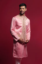 Onion Pink Satin Printed Kurta Bundi jacket Set