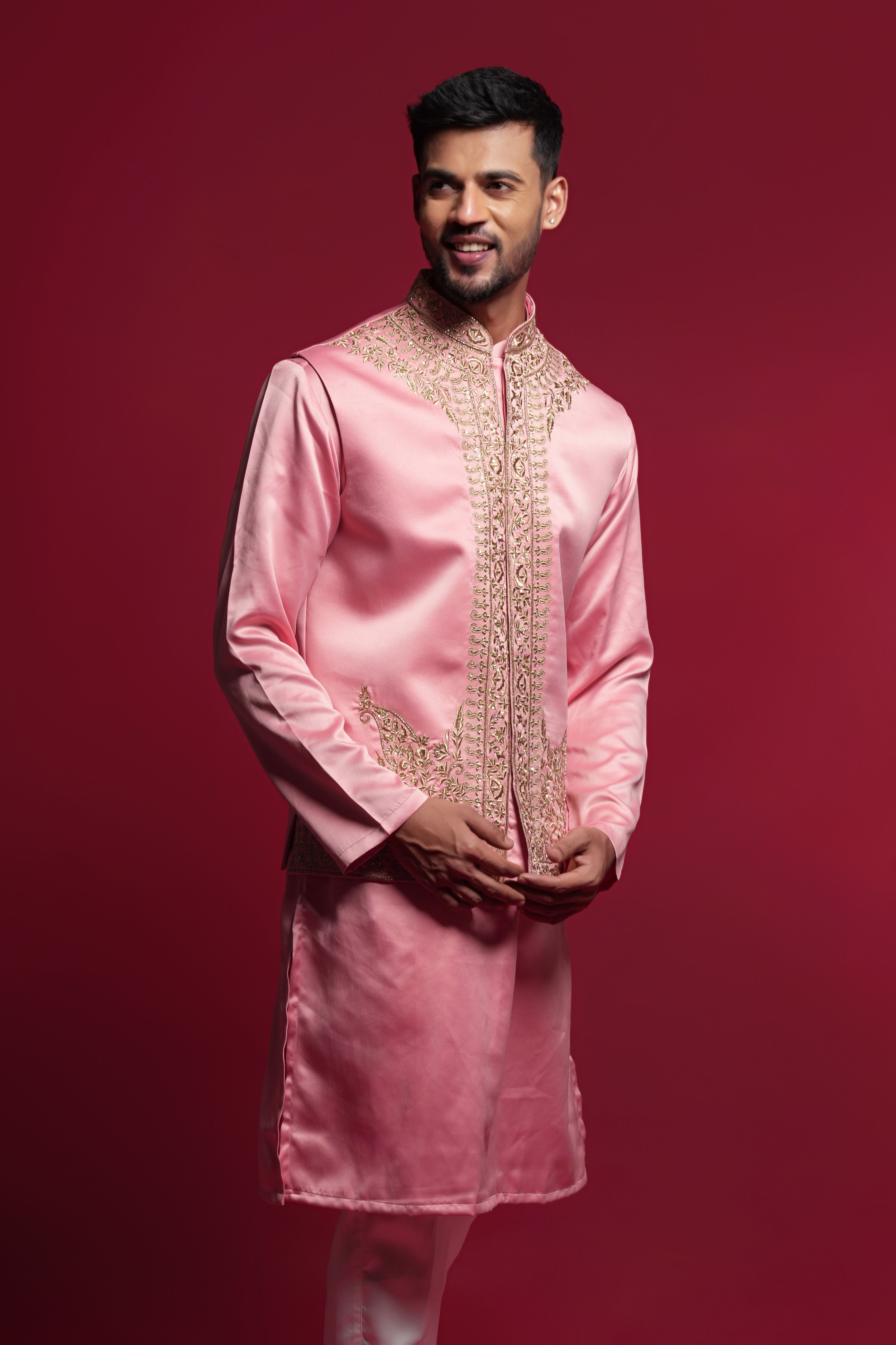 Onion Pink Satin Printed Kurta Bundi jacket Set