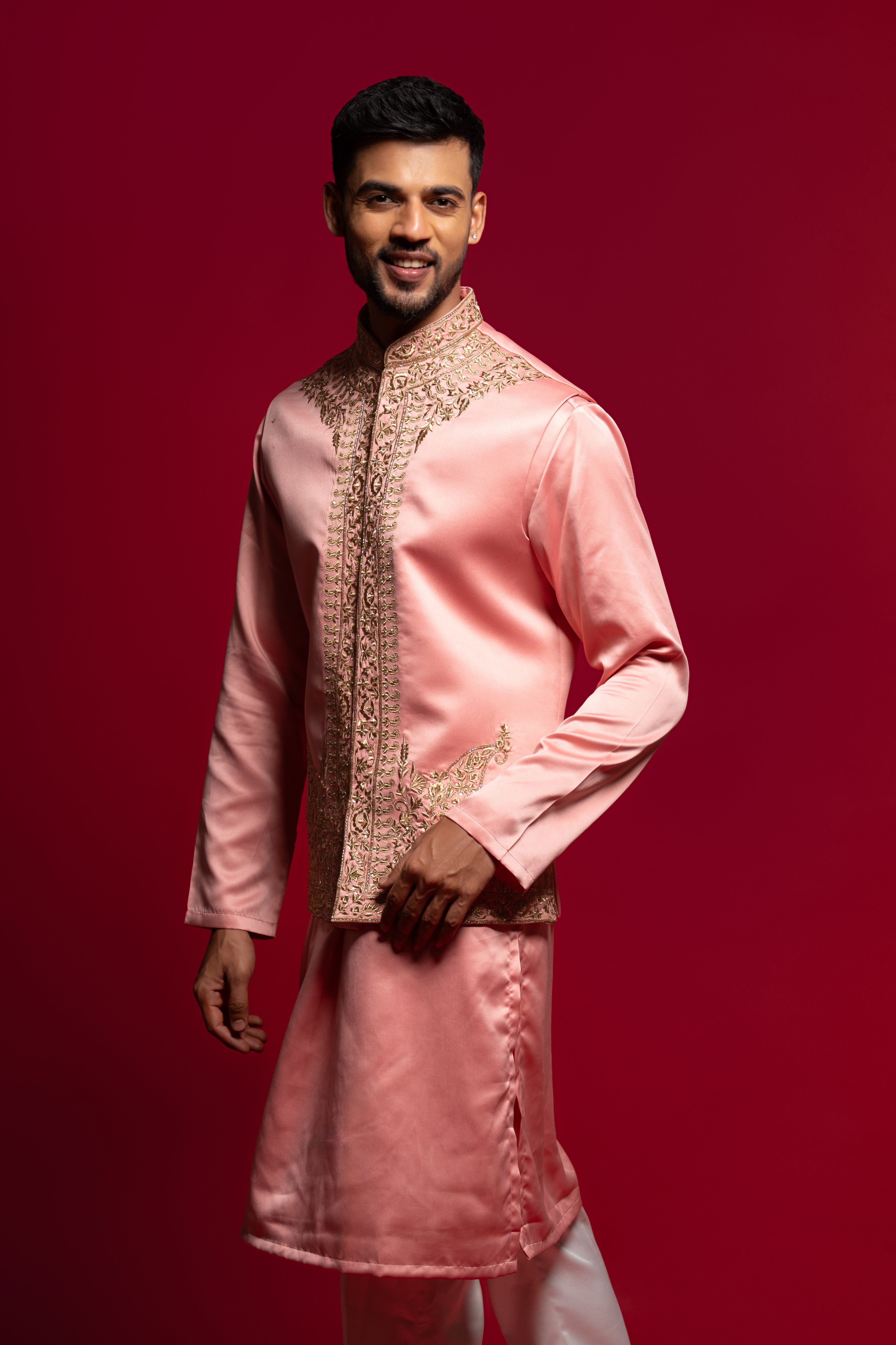 Onion Pink Satin Printed Kurta Bundi jacket Set