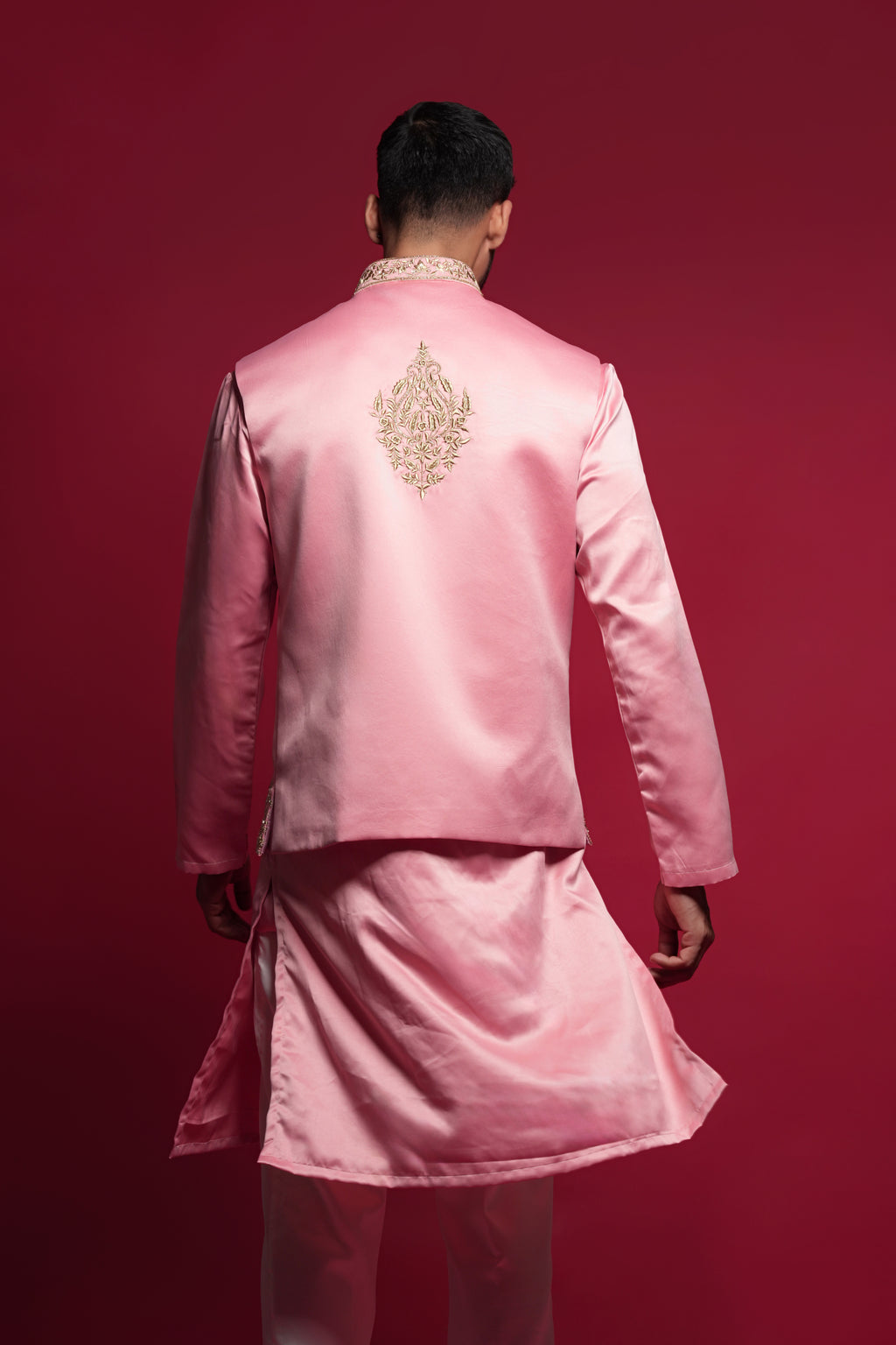 Onion Pink Satin Printed Kurta Bundi jacket Set