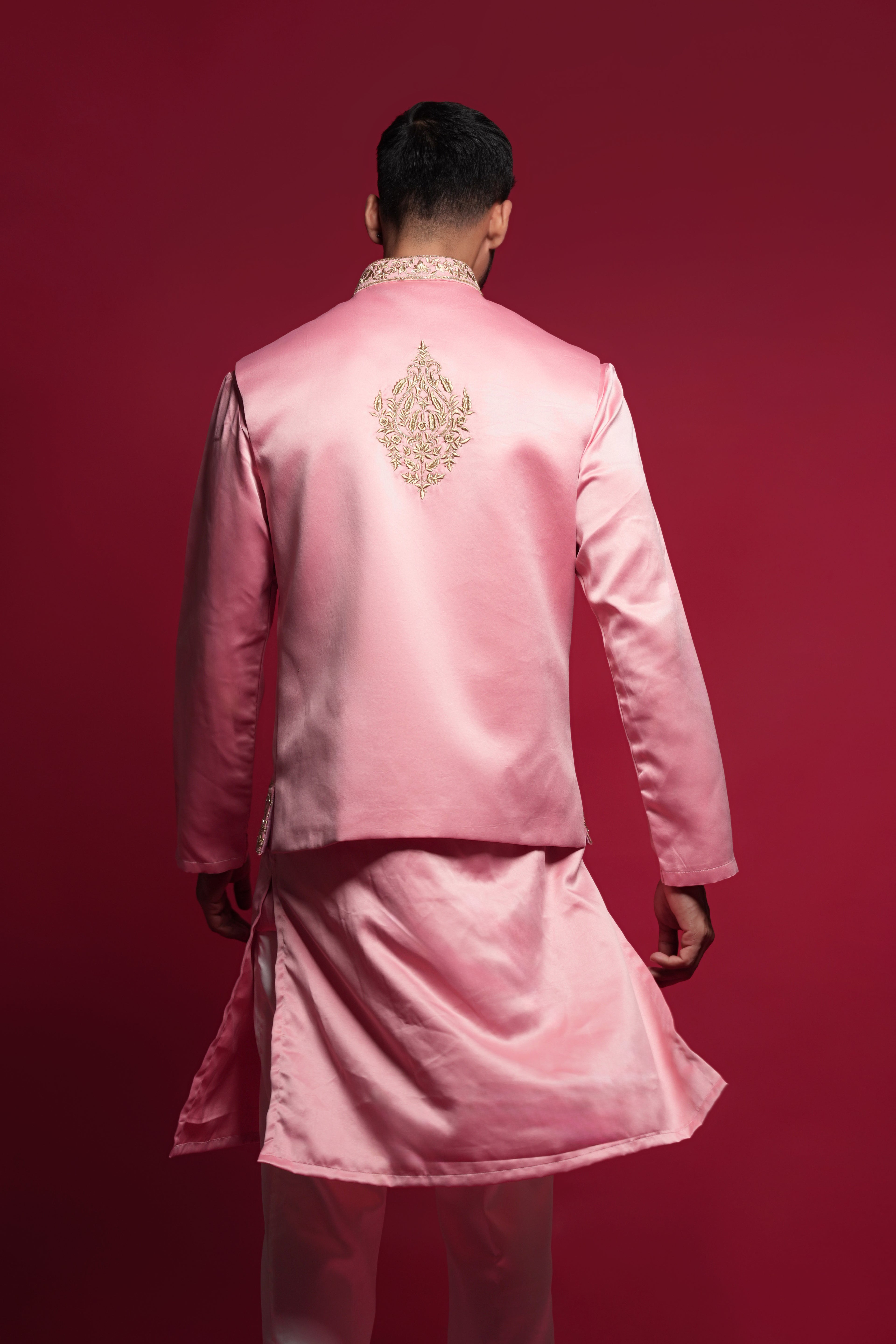 Onion Pink Satin Printed Kurta Bundi jacket Set