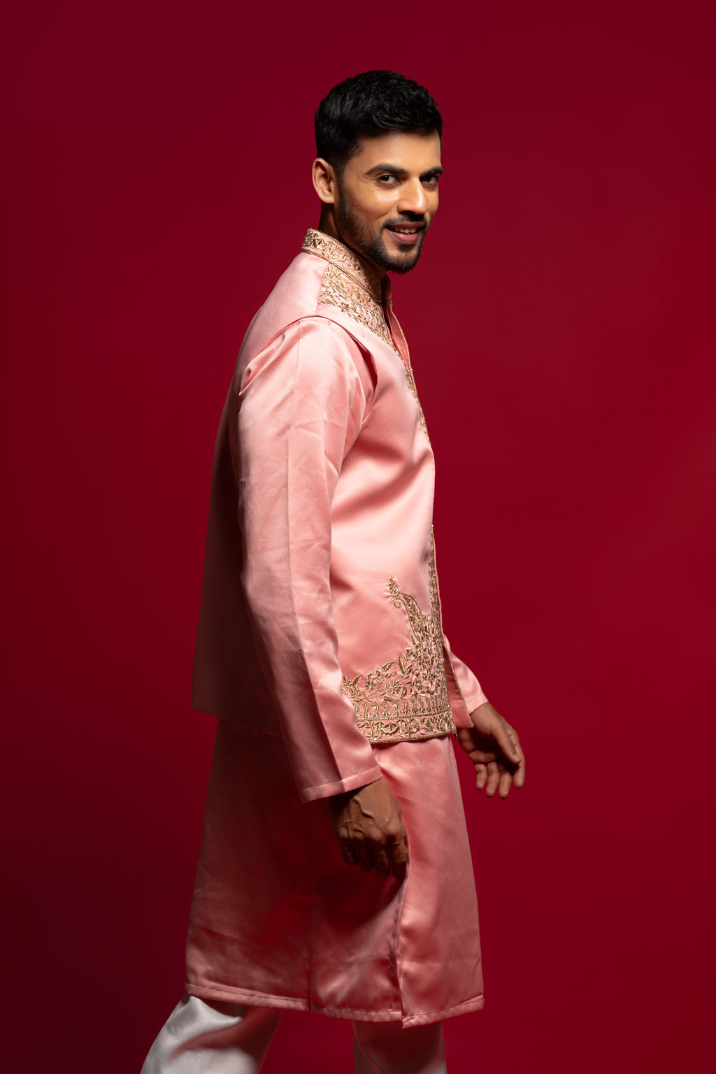 Onion Pink Satin Printed Kurta Bundi jacket Set