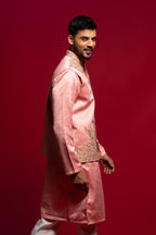 Onion Pink Satin Printed Kurta Bundi jacket Set