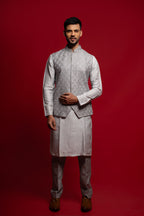 Grey Silk Thread & Stone Embroidered Bandi Kurta Set