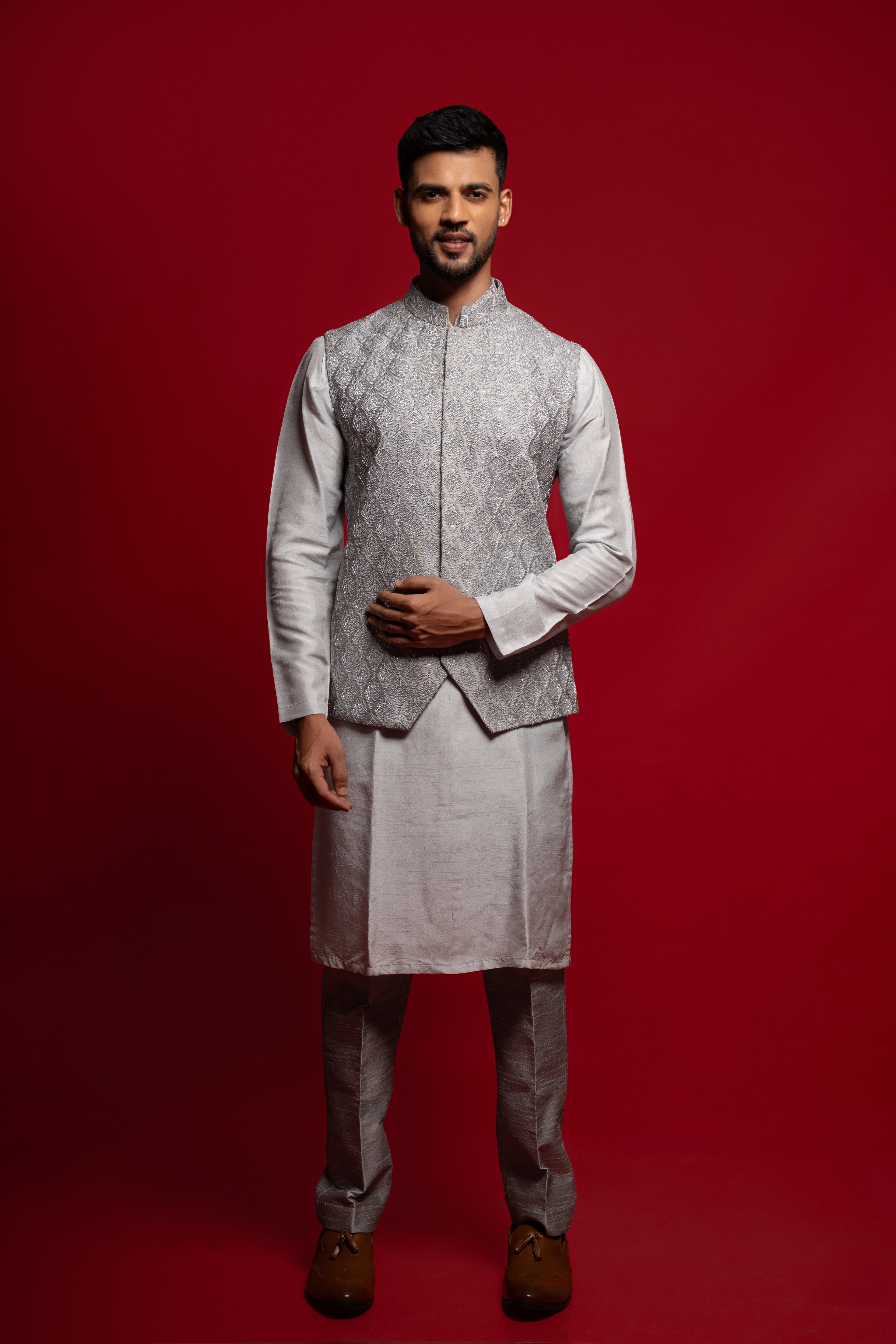 Grey Silk Thread & Stone Embroidered Bandi Kurta Set