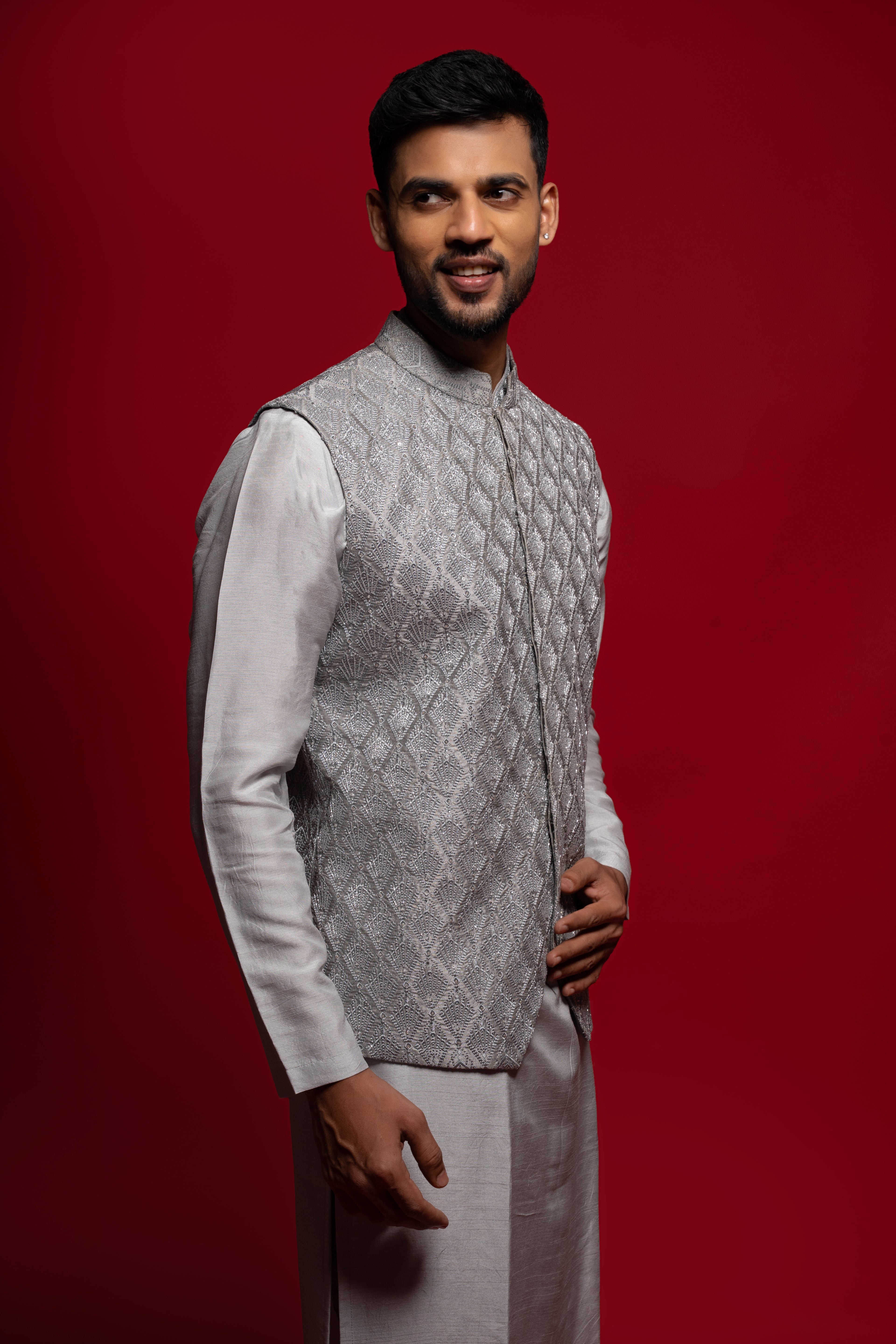 Grey Silk Thread & Stone Embroidered Bandi Kurta Set
