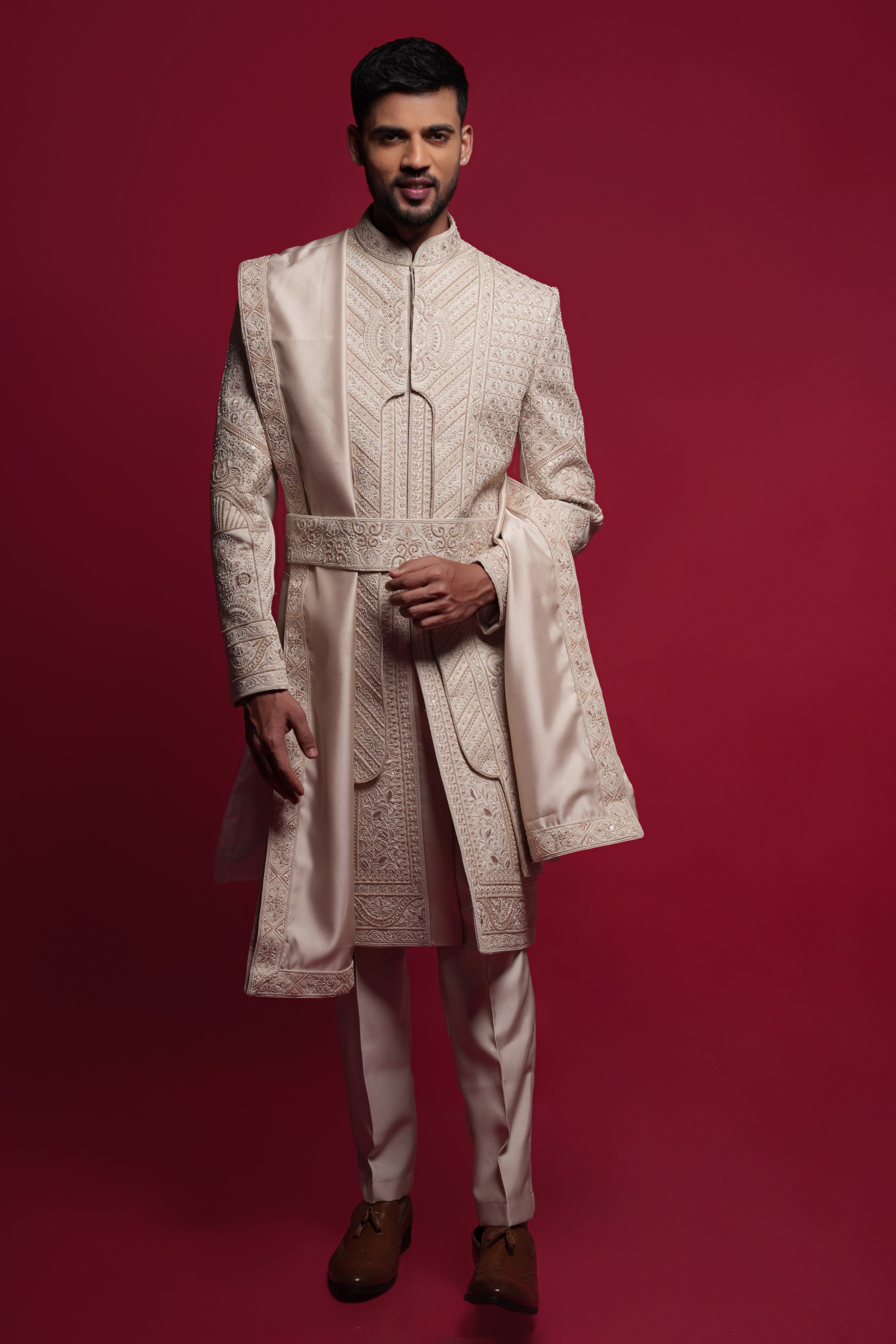 Beige Silk Thread & Stone Embroidered Groom Sherwani