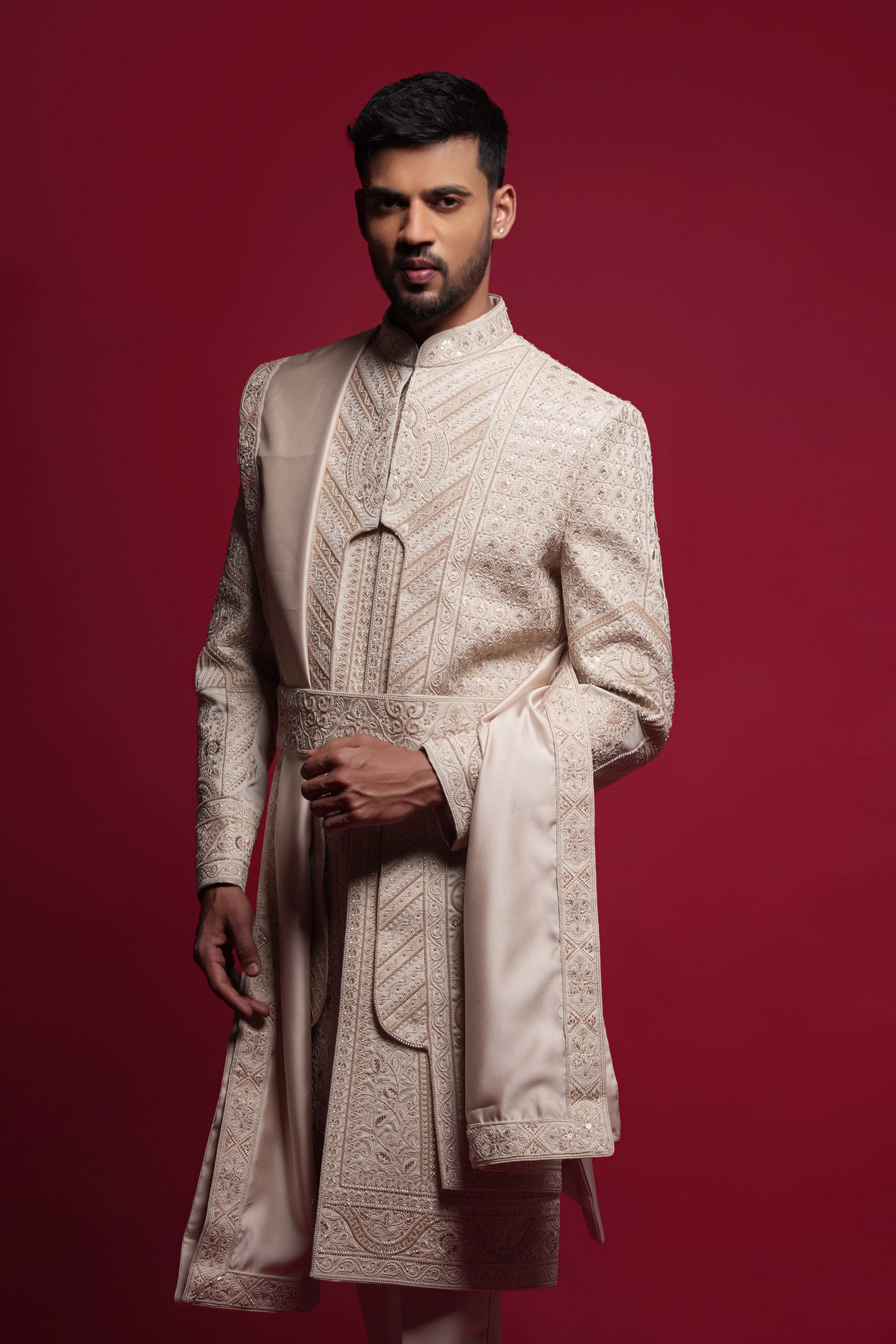 Beige Silk Thread & Stone Embroidered Groom Sherwani